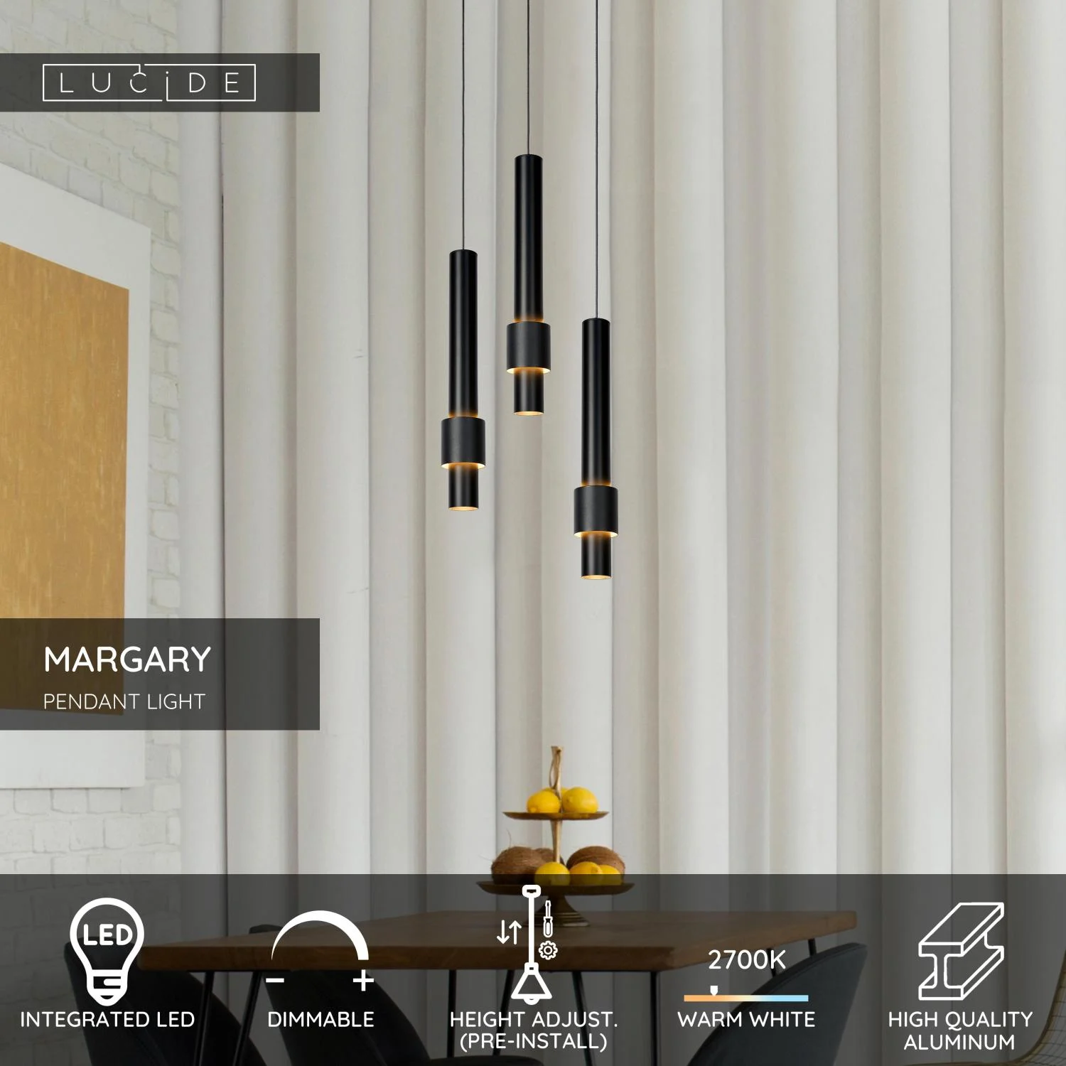 Lucide MARGARY - zu00e1vesnu00e9 svetlo - u00d8 28 cm - LED tlmenu00e9 - 3x4W 2700K - u010dierne
