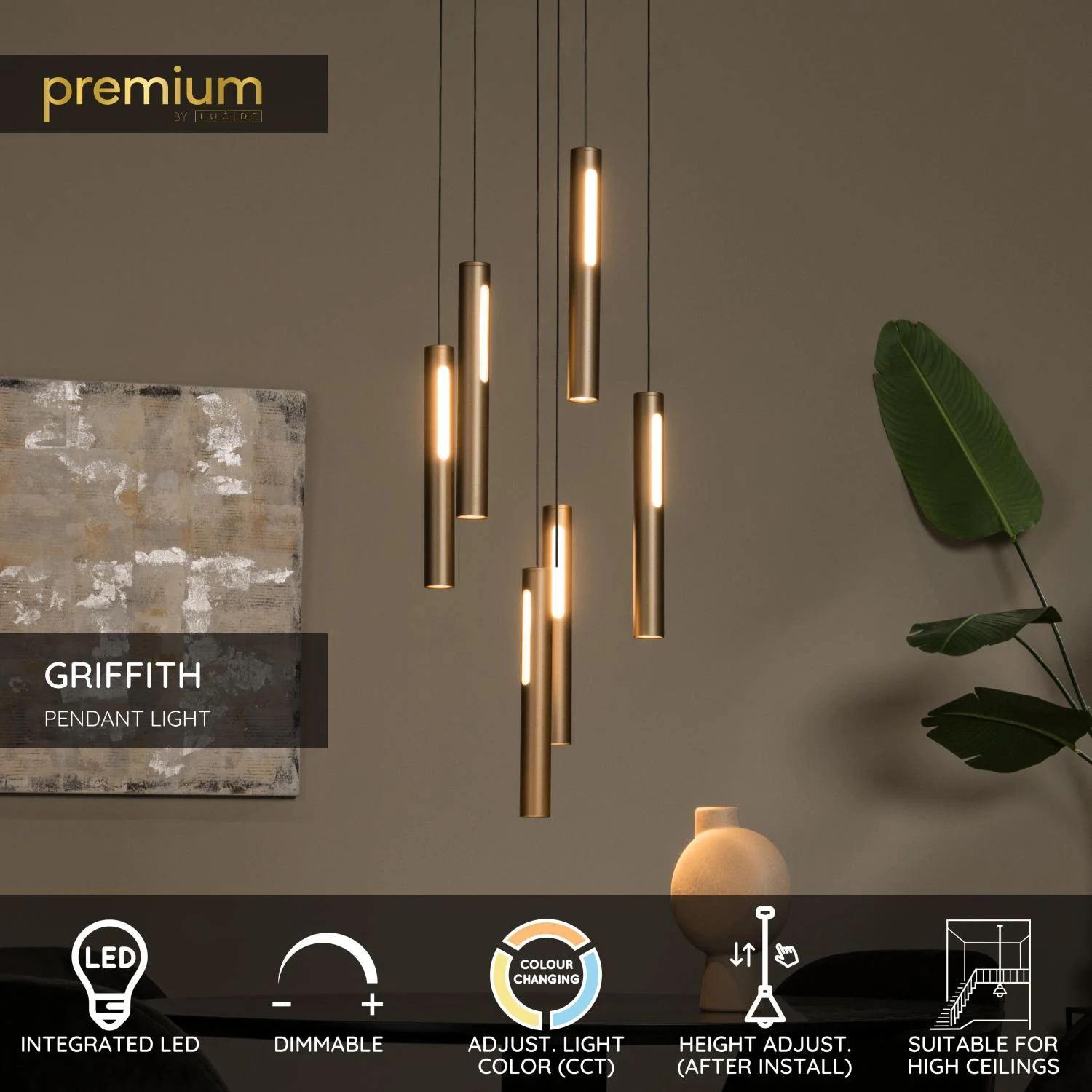 Lucide GRIFFITH - Zu00e1vesnu00e9 svetlo - u00d8 38 cm - LED tlmenu00e9. - CCT - 6x6W 2700K/4000K - Vhodnu00e9 do dvojpodlau017enu00fdch priestorov a vysoku00e9ho stropu - Bronz | Pru00e9miovu00e9