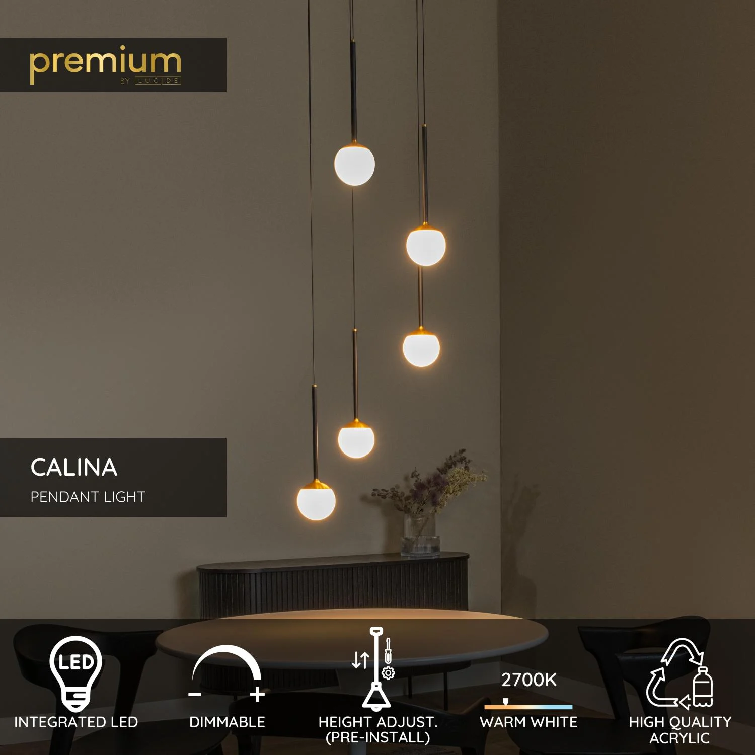 Lucide CALINA - zu00e1vesnu00e9 svetlo - u00d8 42 cm - LED tlmenu00e9 - 5x8,2W 2700K - u010dierna | Pru00e9miovu00e9