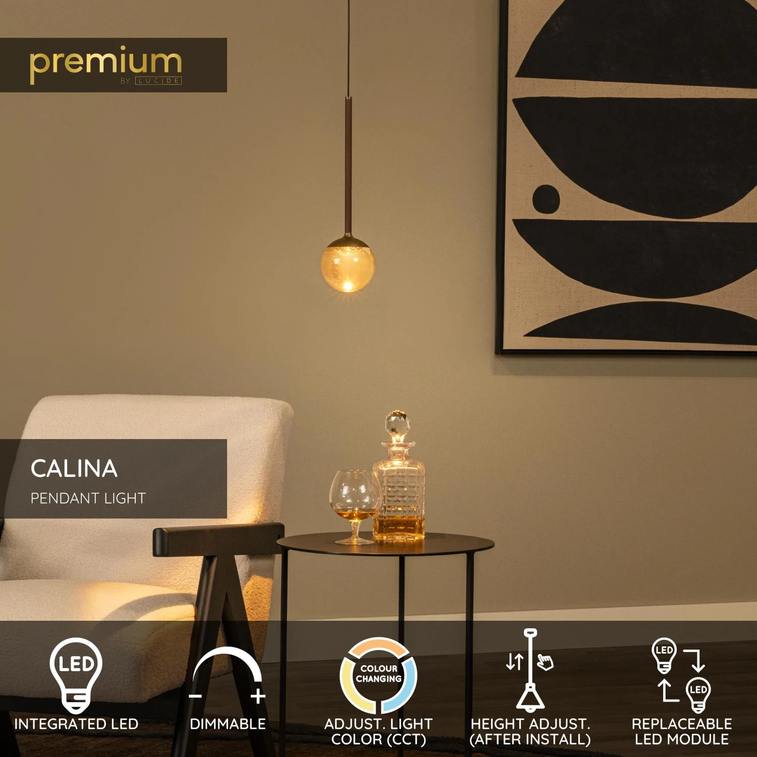 Lucide CALINA - zu00e1vesnu00e9 svetlo - u00d8 9,9 cm - LED tlmenu00e1 - CCT - 1x7W 2200K/3300K - s vymeniteu013enu00fdm LED modulom - Coffee | Pru00e9miovu00e9