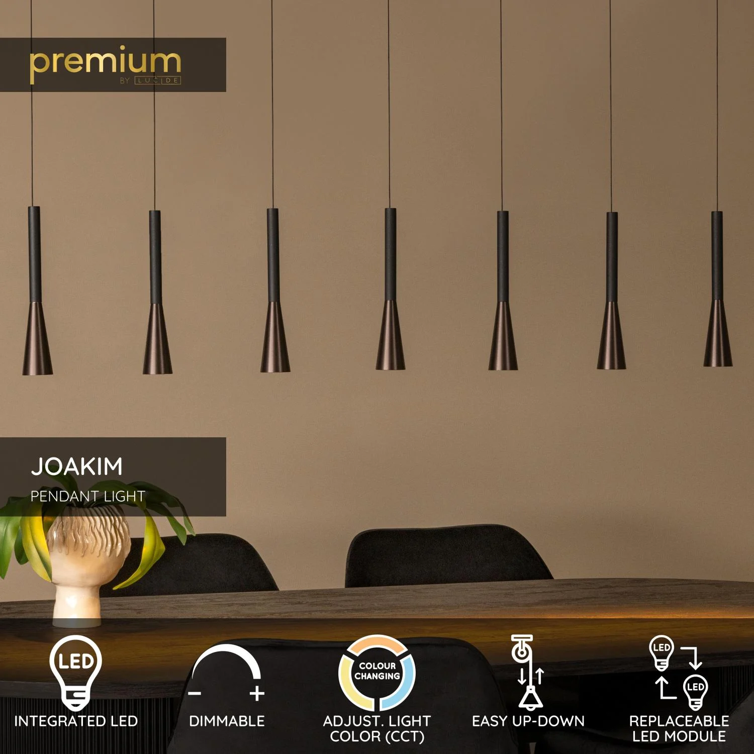 Lucide JOAKIM - zu00e1vesnu00e9 svetlo - LED tlmenu00e9. - CCT - 7x6,2W 2700K/4000K - s vymeniteu013enu00fdm LED modulom - Coffee | Pru00e9miovu00e9