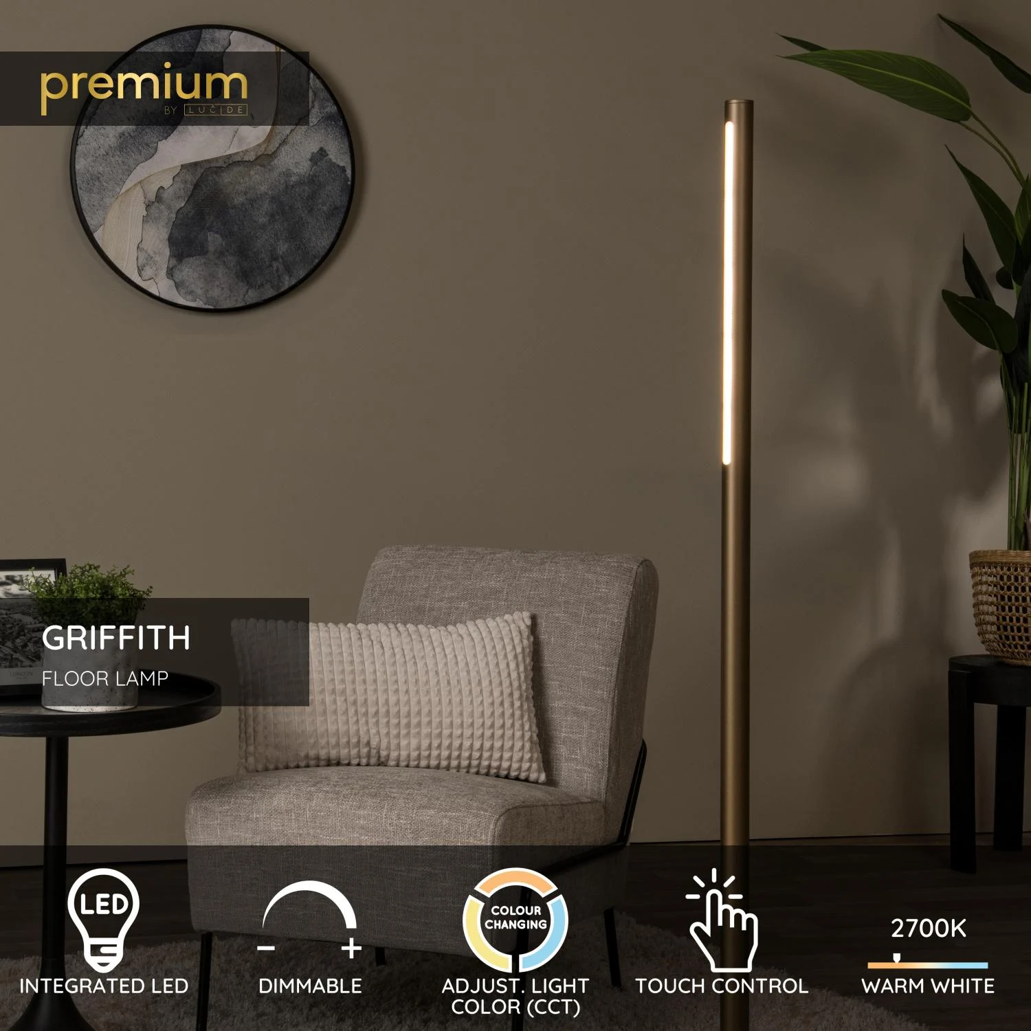 Lucide GRIFFITH - Stojacia lampa - u00d8 21 cm - LED tlmenu00e1. - CCT - 1x18W 2700K/4000K - bronzovu00e1 | Pru00e9miovu00e9