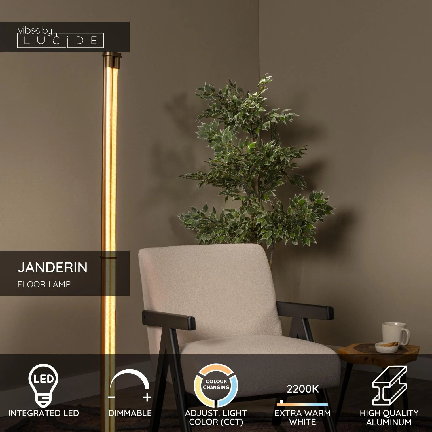 Lucide JANDERIN - Stojacia lampa - LED tlmenu00e1 - CCT - 2x17W 2200K/3300K - senzor ruu010dnu00fdch vu013an - Champagne Color | Nu00e1lada