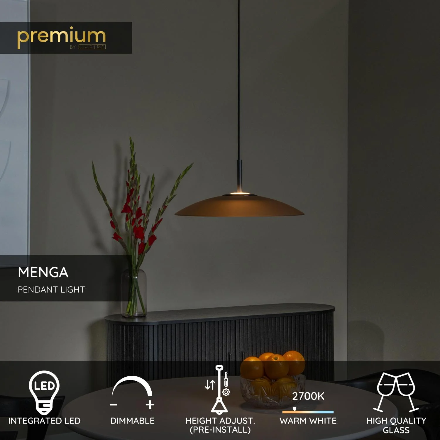 Lucide MENGA - zu00e1vesnu00e9 svetlo - u00d8 40 cm - LED tlmenu00e9 - 1x11W 2700K - jantu00e1rovu00e9 | Pru00e9miovu00e9
