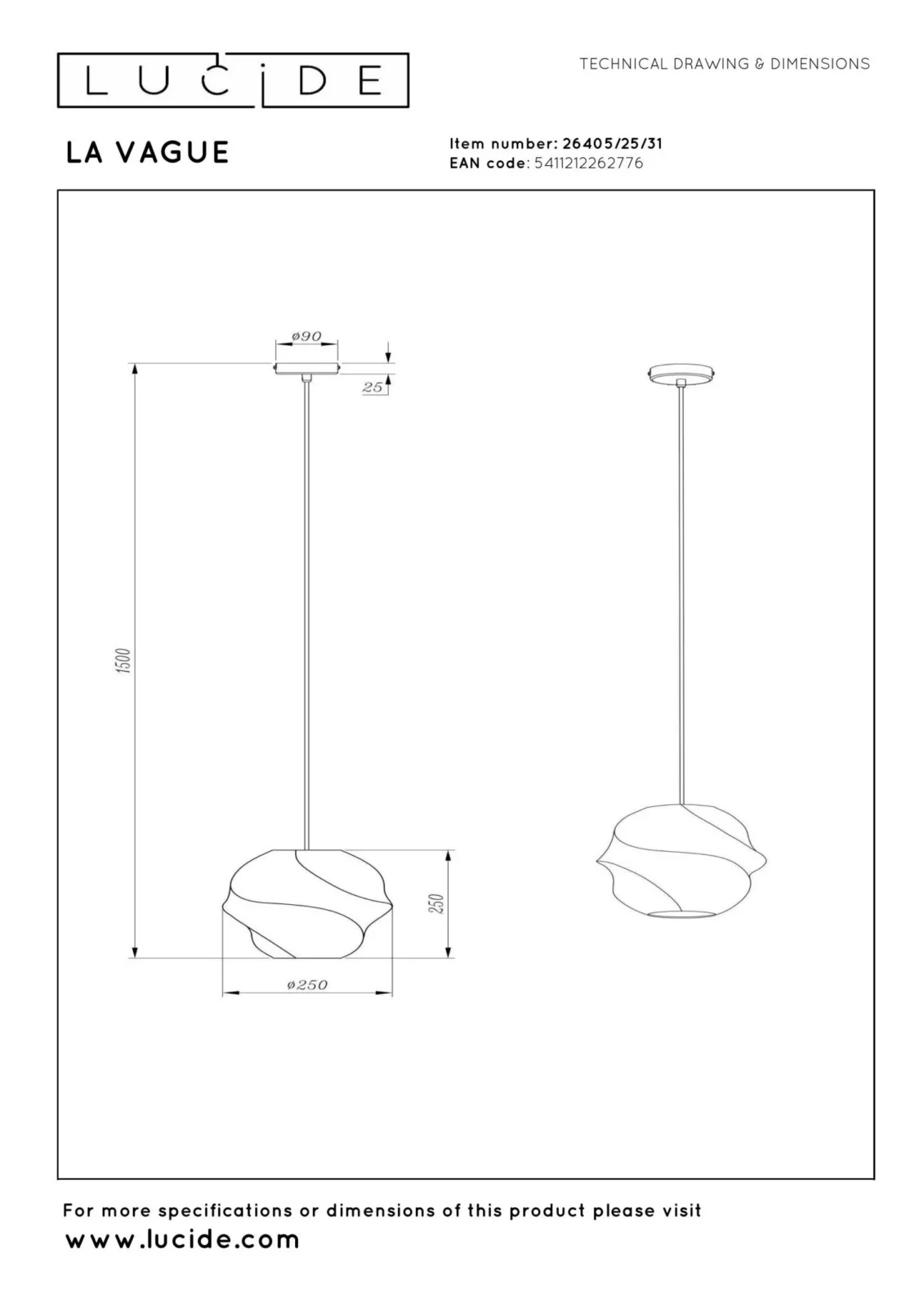 Lucide LA VAGUE - Zu00e1vesnu00e9 svetlo - u00d8 25 cm - 1xE27 - biela - Essential