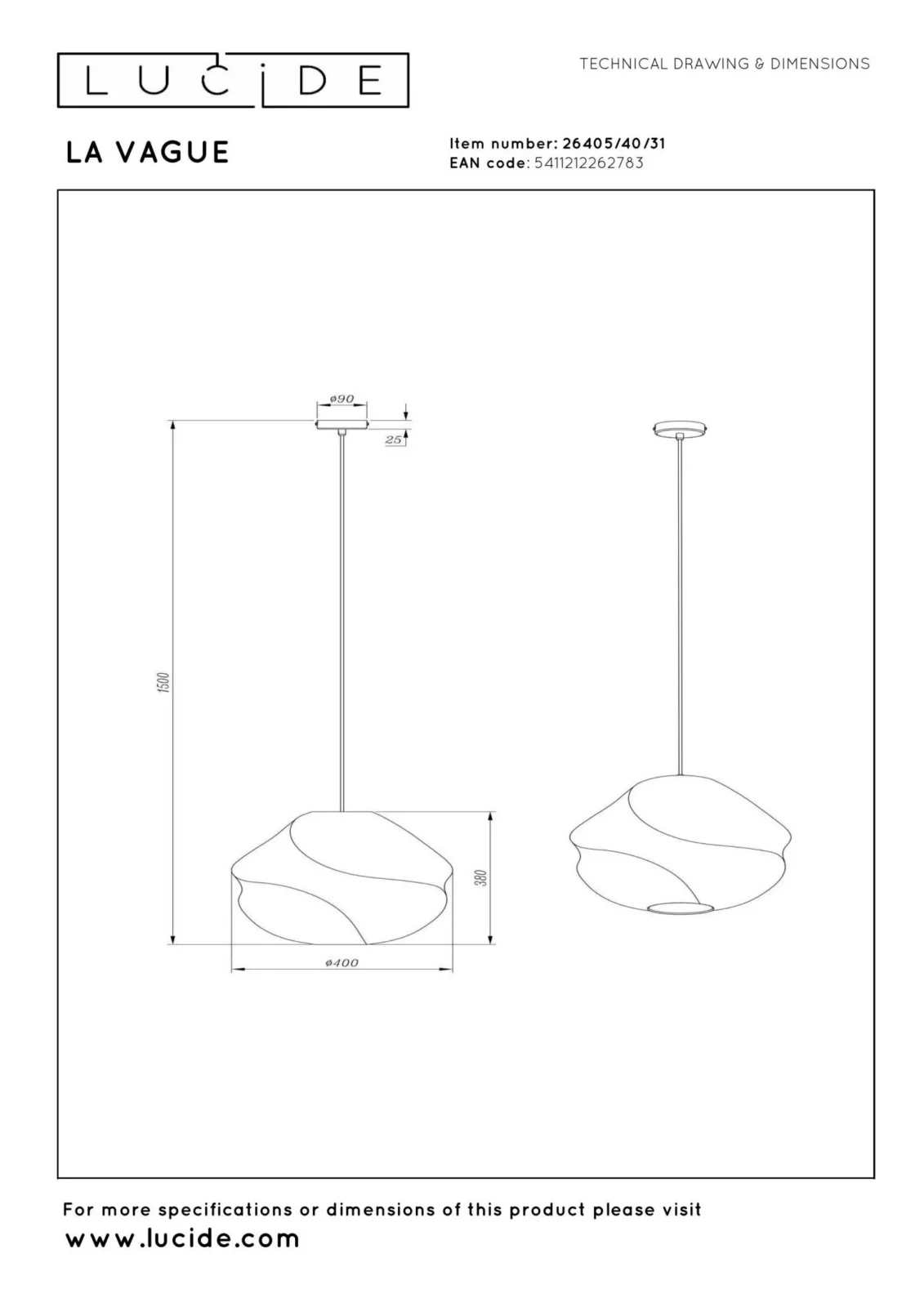Lucide LA VAGUE - Zu00e1vesnu00e9 svetlo - u00d8 40 cm - 1xE27 - biela - Essential