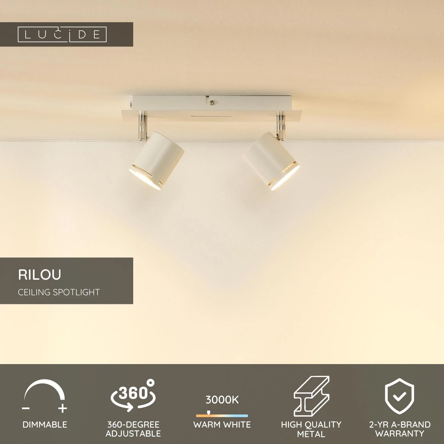 Lucide RILOU - Stropnu00e9 reflektory - LED tlmenu00e9. - GU10 - 2x5W 3000K - biela