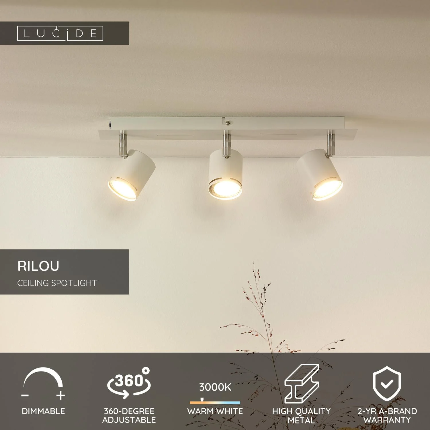 Lucide RILOU - Stropnu00e9 reflektory - LED tlmenu00e9. - GU10 - 3x5W 3000K - biela