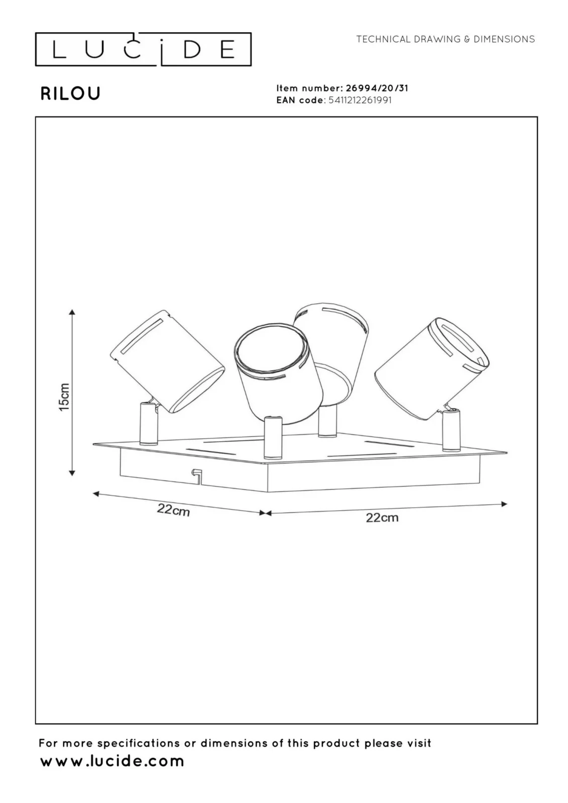 Lucide RILOU - Stropnu00e9 reflektor - LED tlmenu00e9. - GU10 - 4x5W 3000K - biela