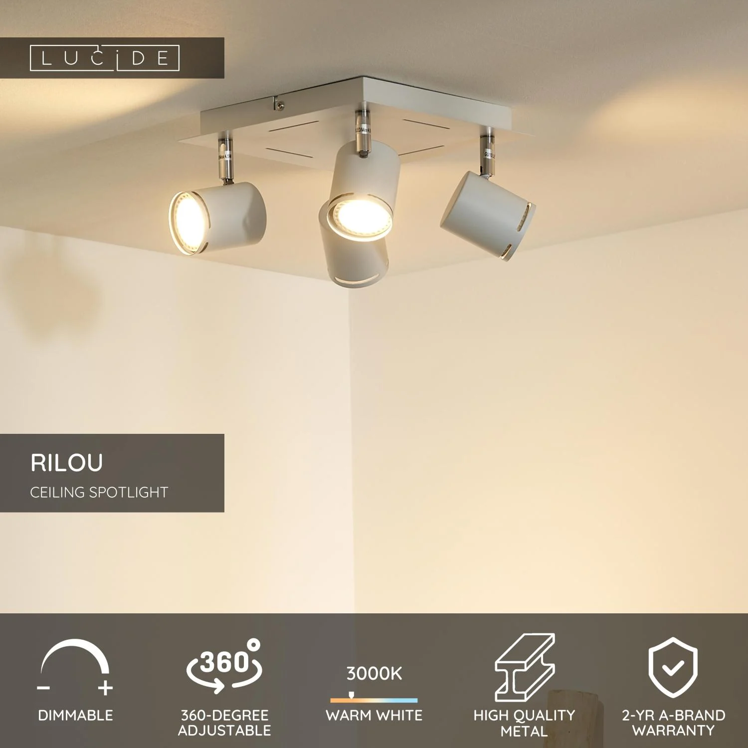 Lucide RILOU - Stropnu00e9 reflektor - LED tlmenu00e9. - GU10 - 4x5W 3000K - biela