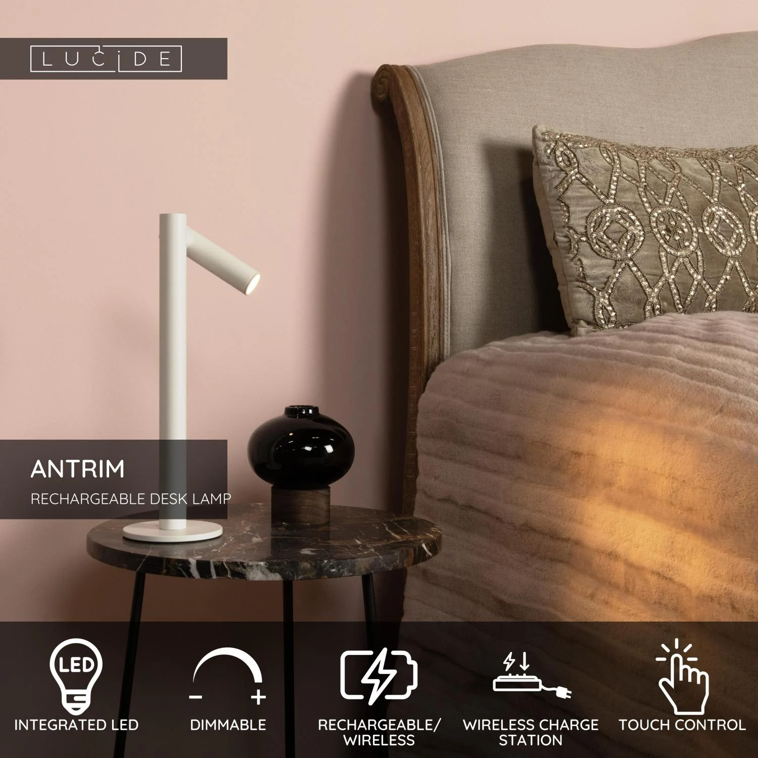 Lucide ANTRIM - Nabu00edjateu013enu00e1 stolnu00e1 lampa vnu00fatornu00e1/vonkaju0161ia - batu00e9riovu00fd balu00edk - LED tlmenu00fd. - 1x2,2W 2700K - IP54 - s bezdru00f4tovou nabu00edjacou podlou017ekou - biela