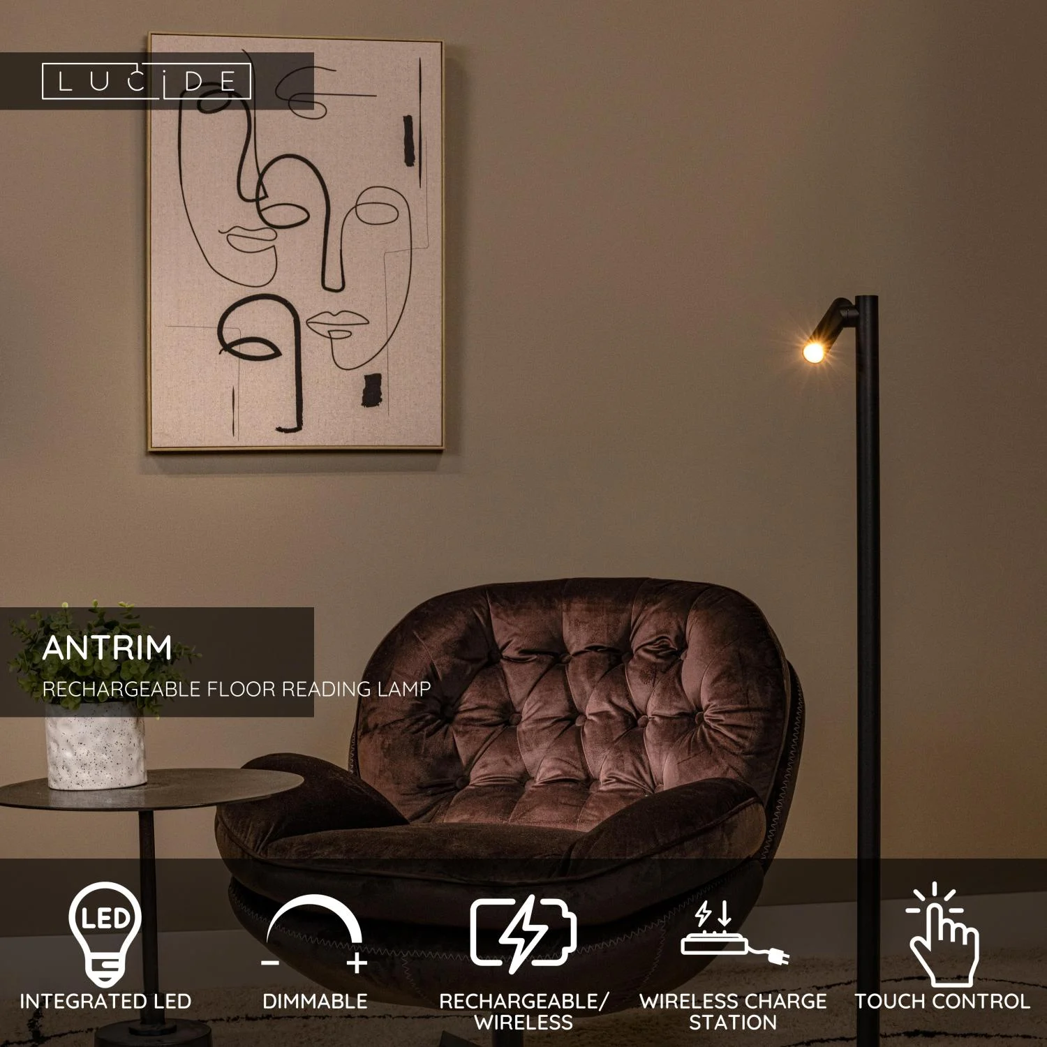 Lucide ANTRIM - Nabu00edjateu013enu00e1 podlahovu00e1 lampa na u010du00edtanie do interiu00e9ru/exteriu00e9ru - batu00e9riovu00fd balu00edk - LED tlmenu00fd. - 1x2,2W 2700K - IP54 - s bezdru00f4tovou nabu00edjacou podlou017ekou - u010dierna