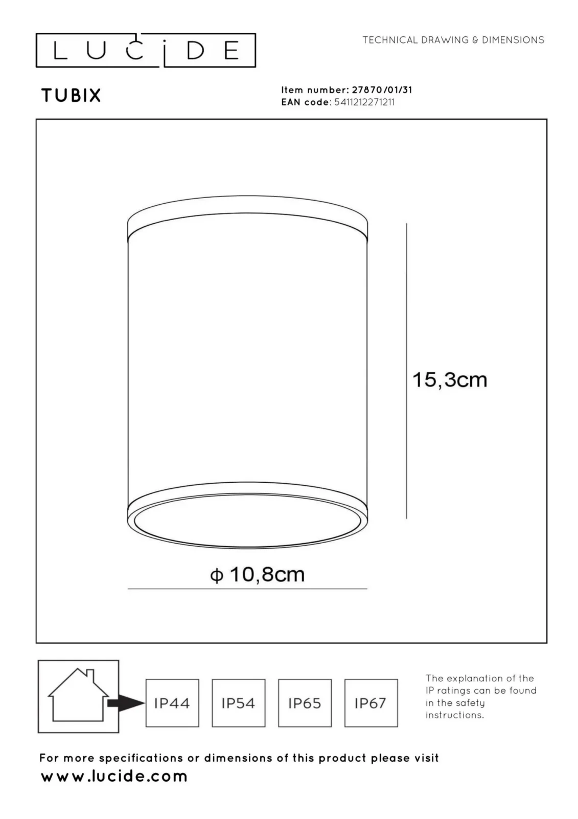 Lucide TUBIX - Stropnu00e9 reflektory Vnu00fatornu00e9/vonkaju0161ie - u00d8 10,8 cm - 1xE27 - IP54 - biela