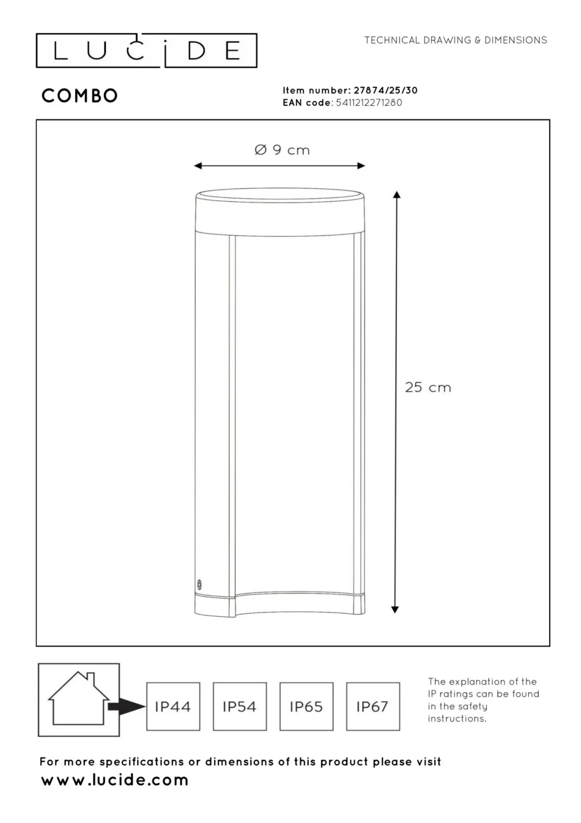 Lucide COMBO - Lampa na stu013apiku - u00d8 9 cm - LED - 1x9W 3000K - IP54 - u010dierna