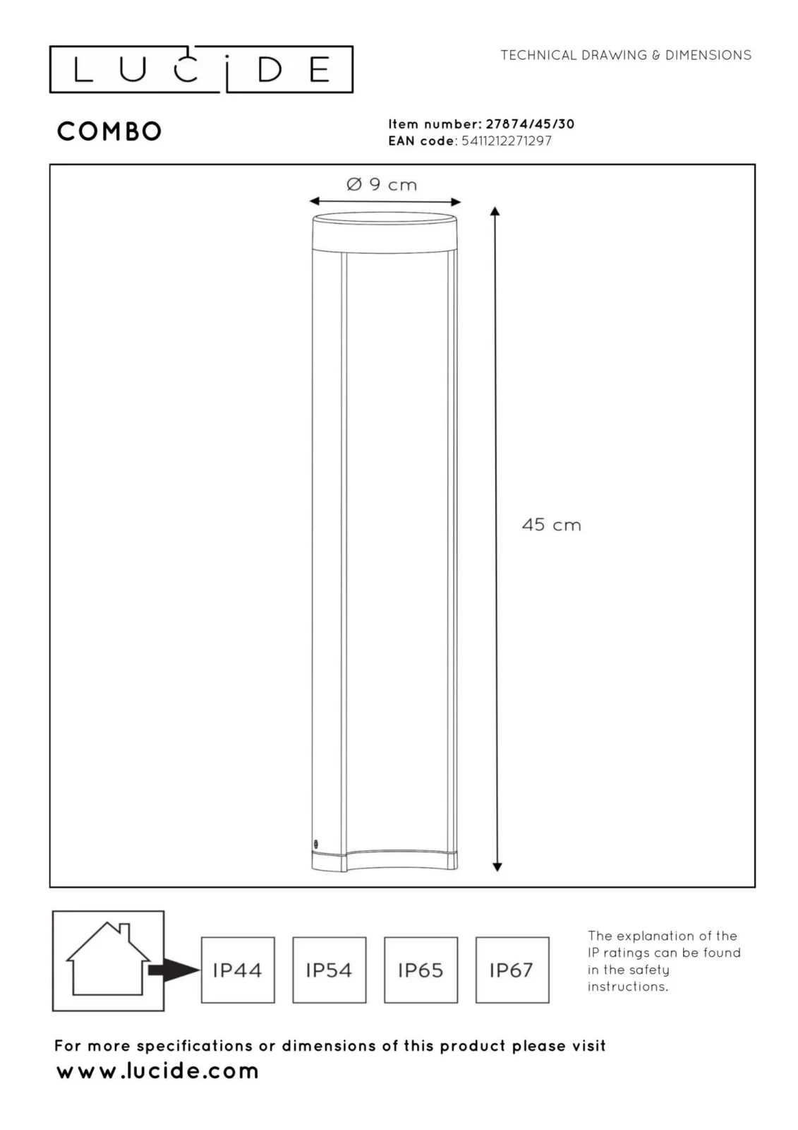 Lucide COMBO - Lampa na stu013apiku - u00d8 9 cm - LED - 1x9W 3000K - IP54 - u010dierna