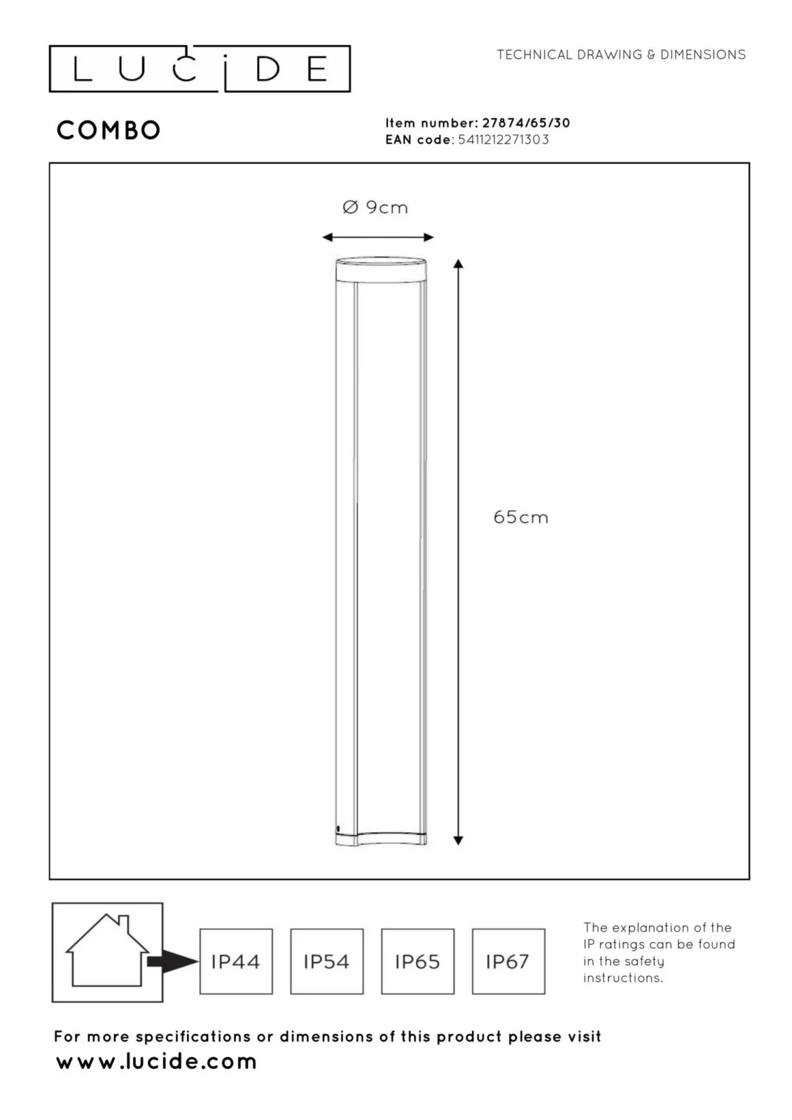 Lucide COMBO - Lampa na stu013apiku - u00d8 9 cm - LED - 1x9W 3000K - IP54 - u010dierna