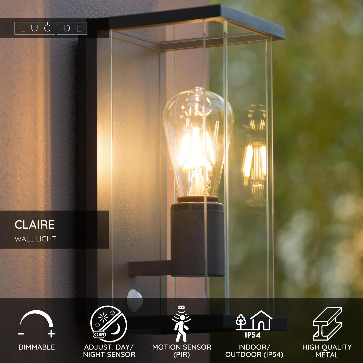 Lucide CLAIRE - Nu00e1stennu00e9 svetlo vnu00fatornu00e9/vonkaju0161ie - 1xE27 - IP54 - Senzor pohybu a du0148a/noci - Antracit