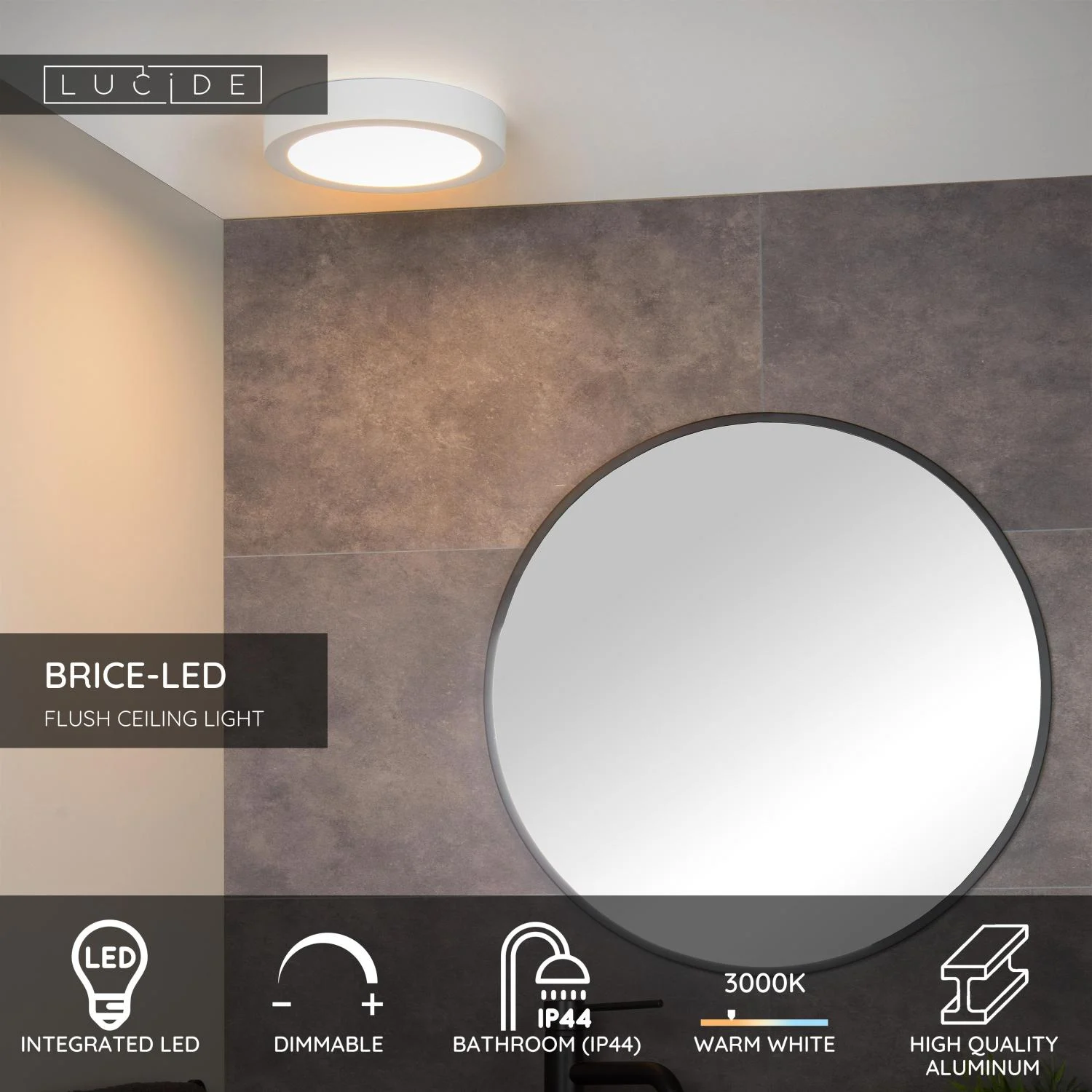 Lucide BRICE-LED - Spu00fau0161u0165acie stropnu00e9 svetlo Ku00fapeu013eu0148a - u00d8 24 cm - LED stmievanu00e1. - 1x15W 3000K - IP44 - biela