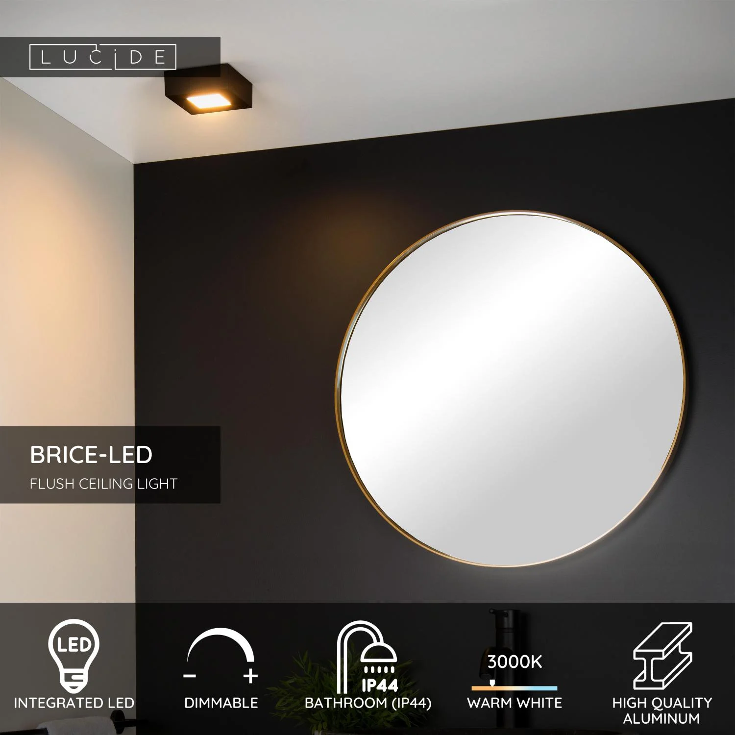 Lucide BRICE-LED - zapu00fau0161u0165acie stropnu00e9 svetlo Ku00fapeu013eu0148a - LED tlmenu00e1 - 1x8W 3000K - IP44 - u010dierna