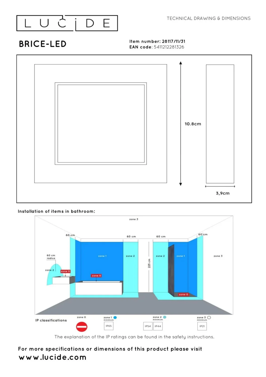 Lucide BRICE-LED - Spu00fau0161u0165acie stropnu00e9 svetlo Ku00fapeu013eu0148a - LED tlmenu00e9. - 1x8W 3000K - IP44 - biela