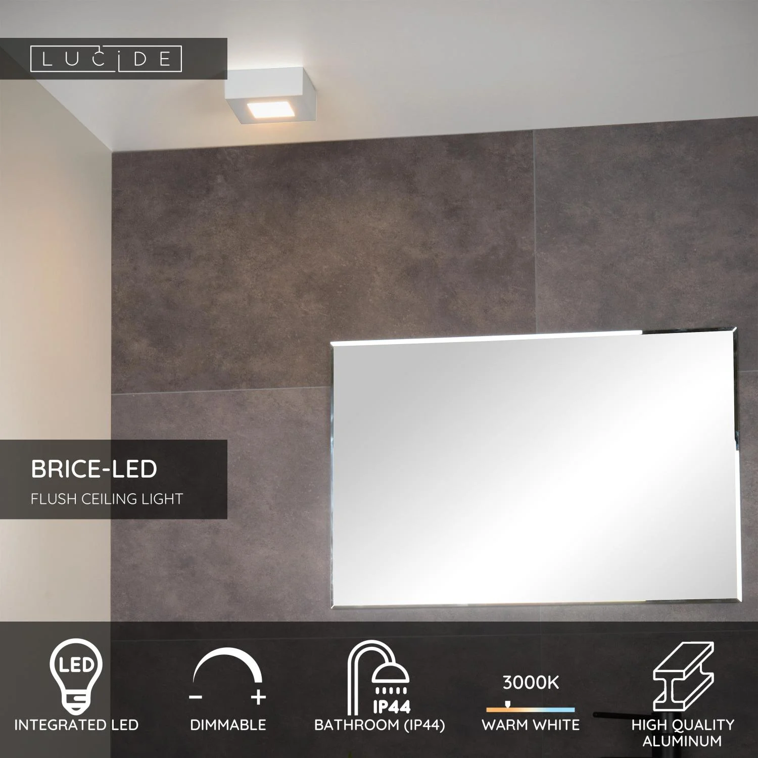 Lucide BRICE-LED - Spu00fau0161u0165acie stropnu00e9 svetlo Ku00fapeu013eu0148a - LED tlmenu00e9. - 1x8W 3000K - IP44 - biela