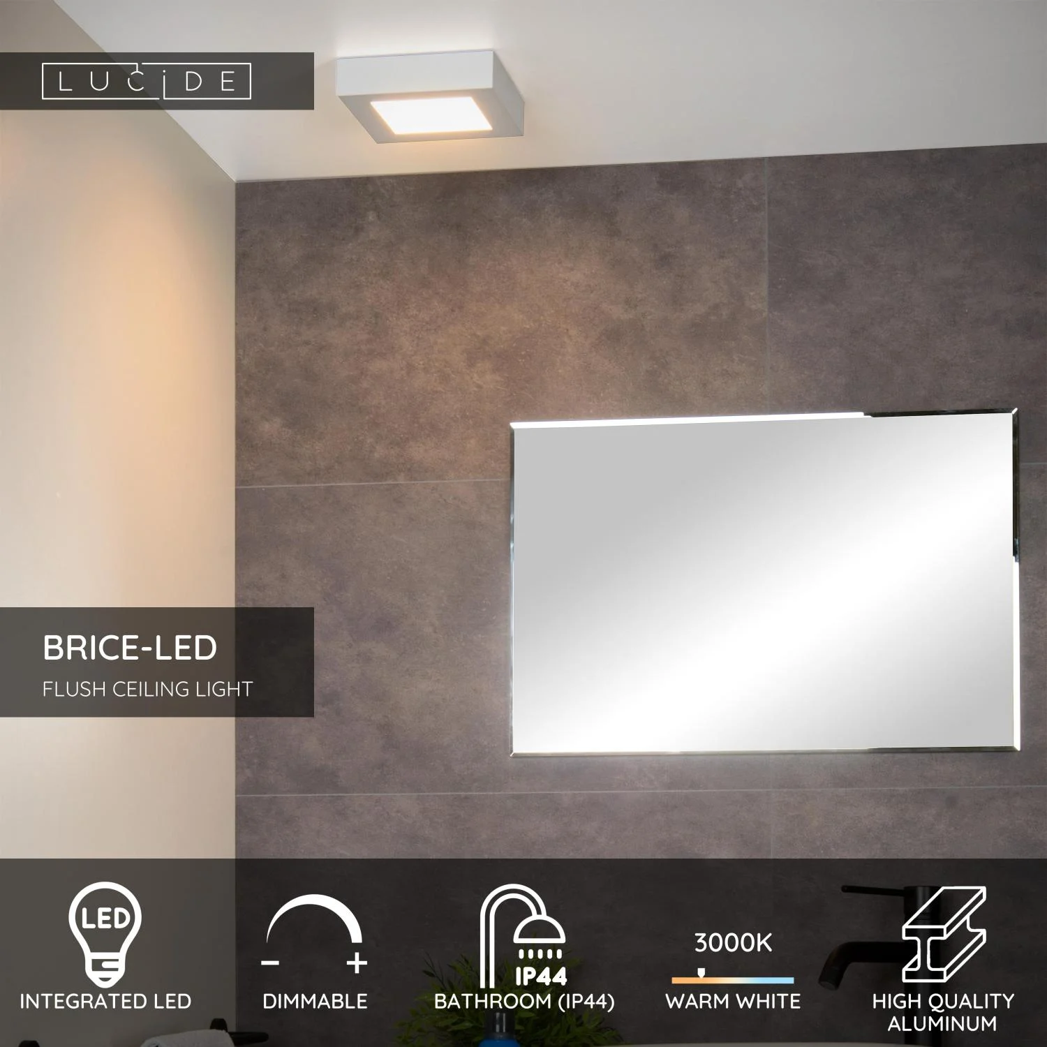 Lucide BRICE-LED - Spu00fau0161u0165acie stropnu00e9 svetlo Ku00fapeu013eu0148a - LED tlmenu00e1 - 1x15W 3000K - IP44 - biela