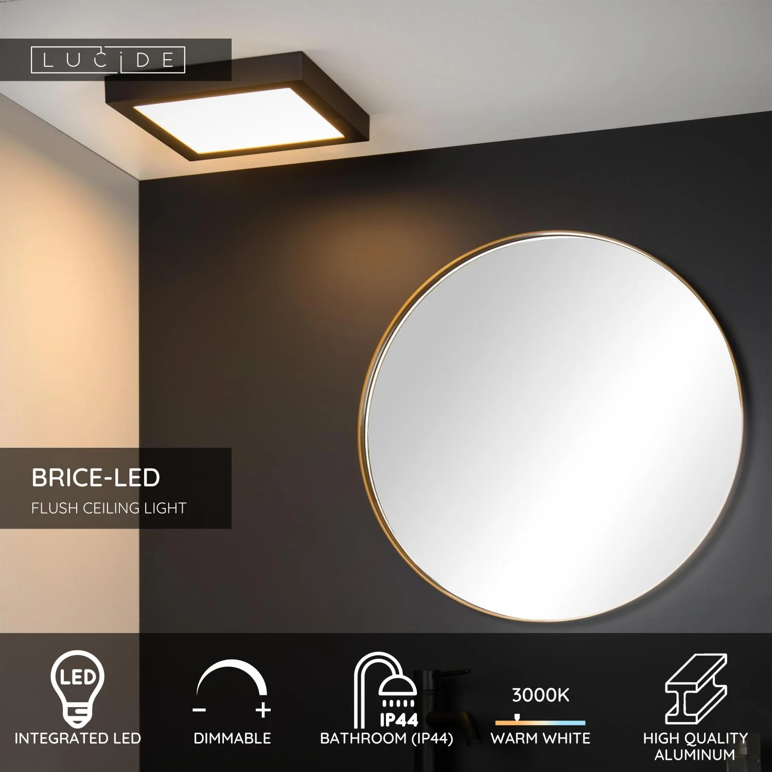 Lucide BRICE-LED - zapu00fau0161u0165acie stropnu00e9 svetlo Ku00fapeu013eu0148a - LED tlmenu00e1 - 1x30W 3000K - IP44 - u010dierna