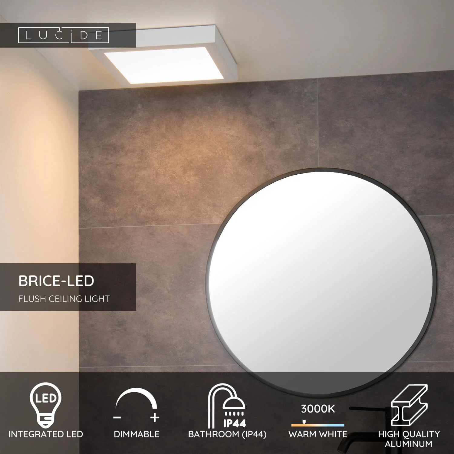 Lucide BRICE-LED - Spu00fau0161u0165acie stropnu00e9 svetlo Ku00fapeu013eu0148a - LED tlmenu00e1 - 1x30W 3000K - IP44 - biela