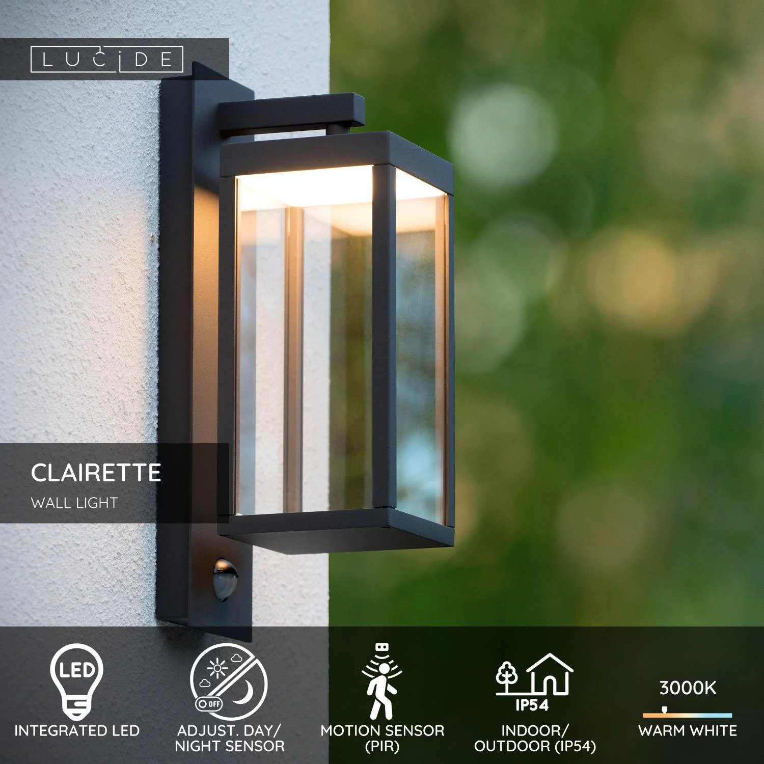 Lucide CLAIRETTE - Nu00e1stennu00e9 svetlo vnu00fatornu00e9/vonkaju0161ie - LED - 1x13W, 3000K - IP54 - Pohybovu00fd a dennu00fd/nou010dnu00fd senzor - Antracit