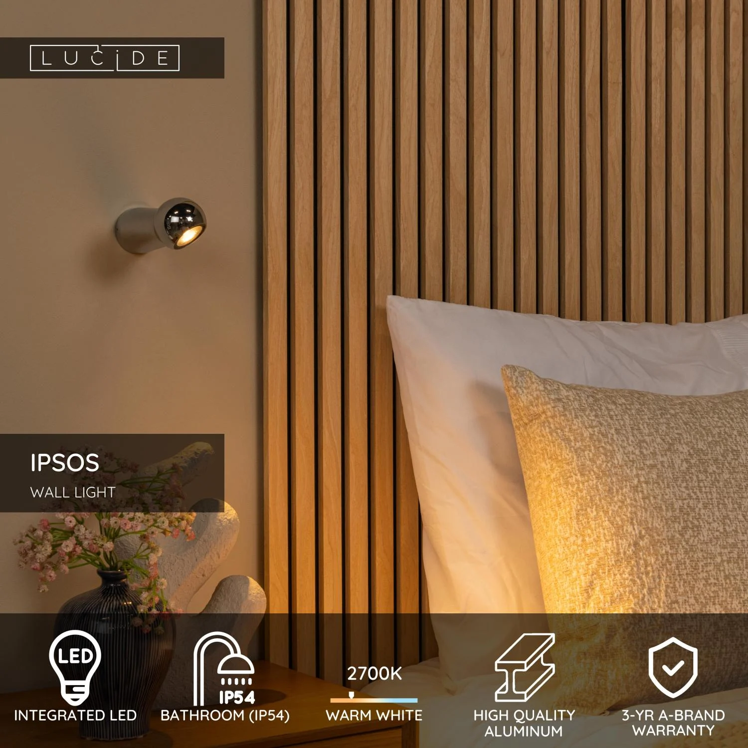 Lucide IPSOS - Nu00e1stennu00e9 svetlo Ku00fapeu013eu0148a - LED - 1x6W 2700K - IP54 - Chrome