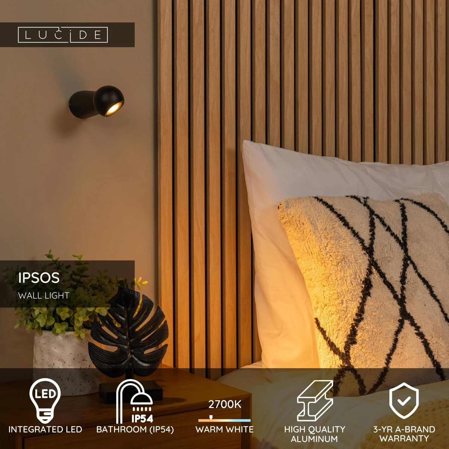 Lucide IPSOS - Nu00e1stennu00e9 svetlo Ku00fapeu013eu0148a - LED - 1x6W 2700K - IP54 - u010cierna