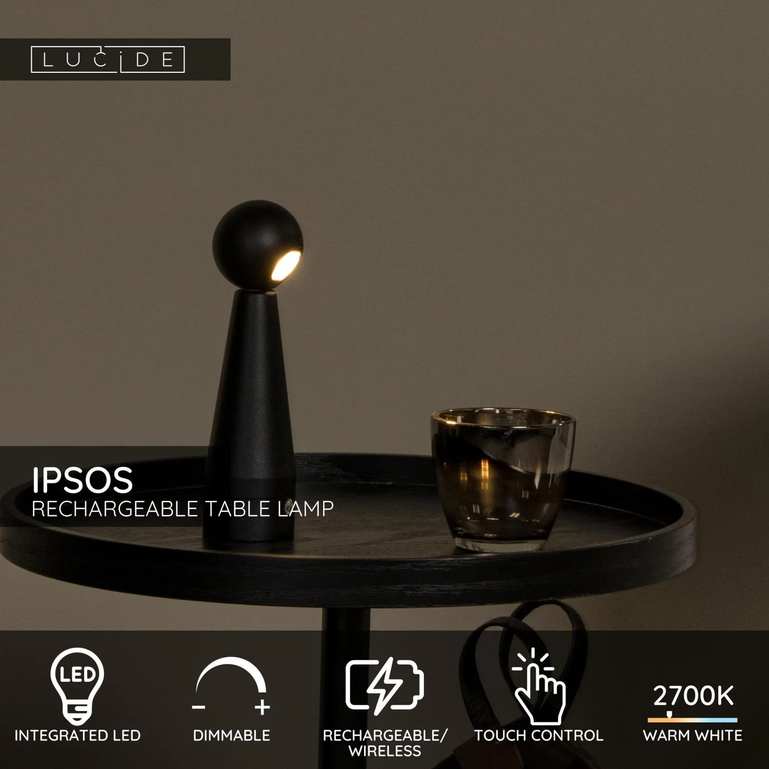 Lucide IPSOS - Nabu00edjateu013enu00e1 stolnu00e1 lampa - Batu00e9riovu00fd balu00edk - LED tlmenu00fd. - 1x3W 2700K - u010dierna