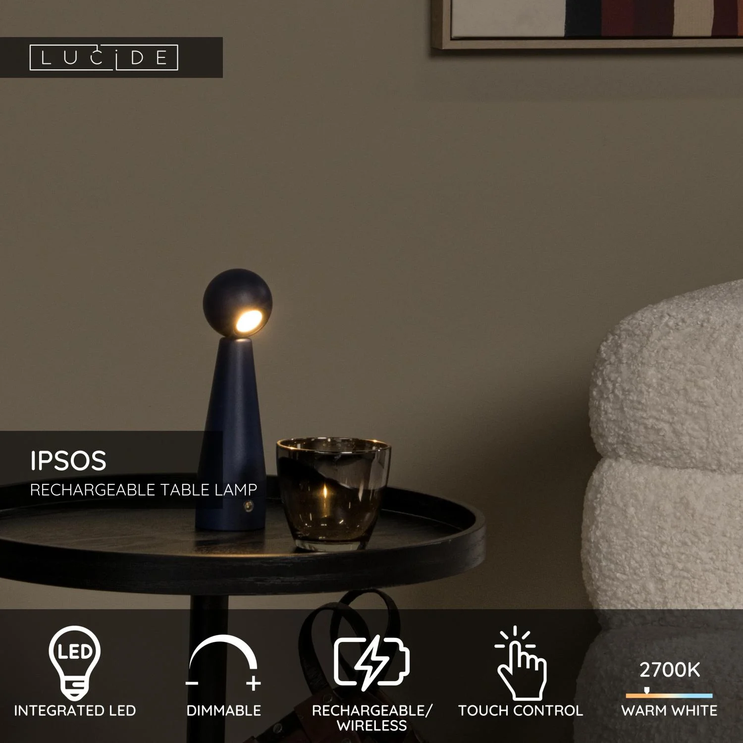Lucide IPSOS - Nabu00edjateu013enu00e1 stolnu00e1 lampa - Batu00e9riovu00fd balu00edk - LED tlmenu00fd. - 1x3W 2700K - modru00e1