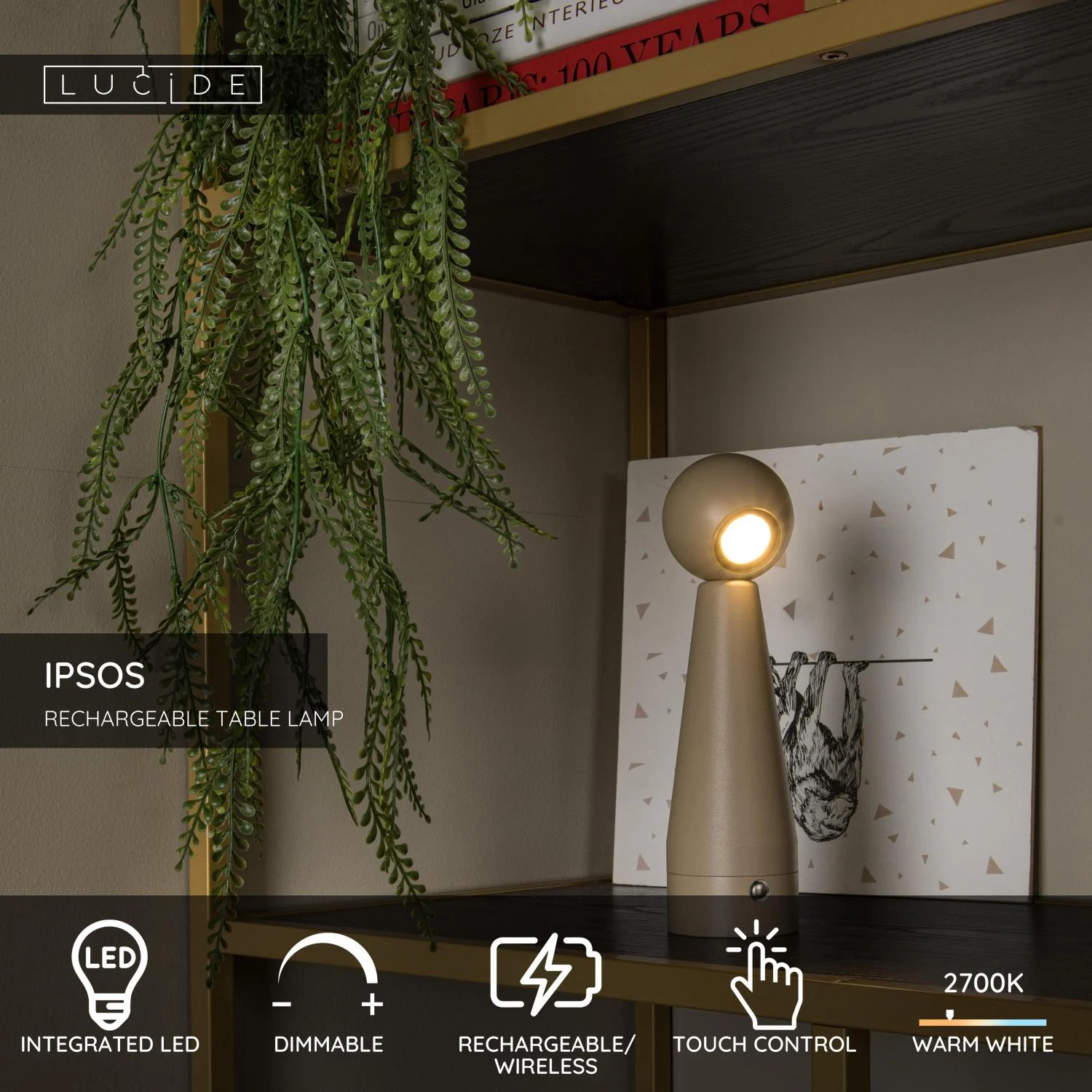 Lucide IPSOS - Nabu00edjateu013enu00e1 stolnu00e1 lampa - Batu00e9riovu00fd balu00edk - LED tlmenu00fd. - 1x3W 2700K - Taupe