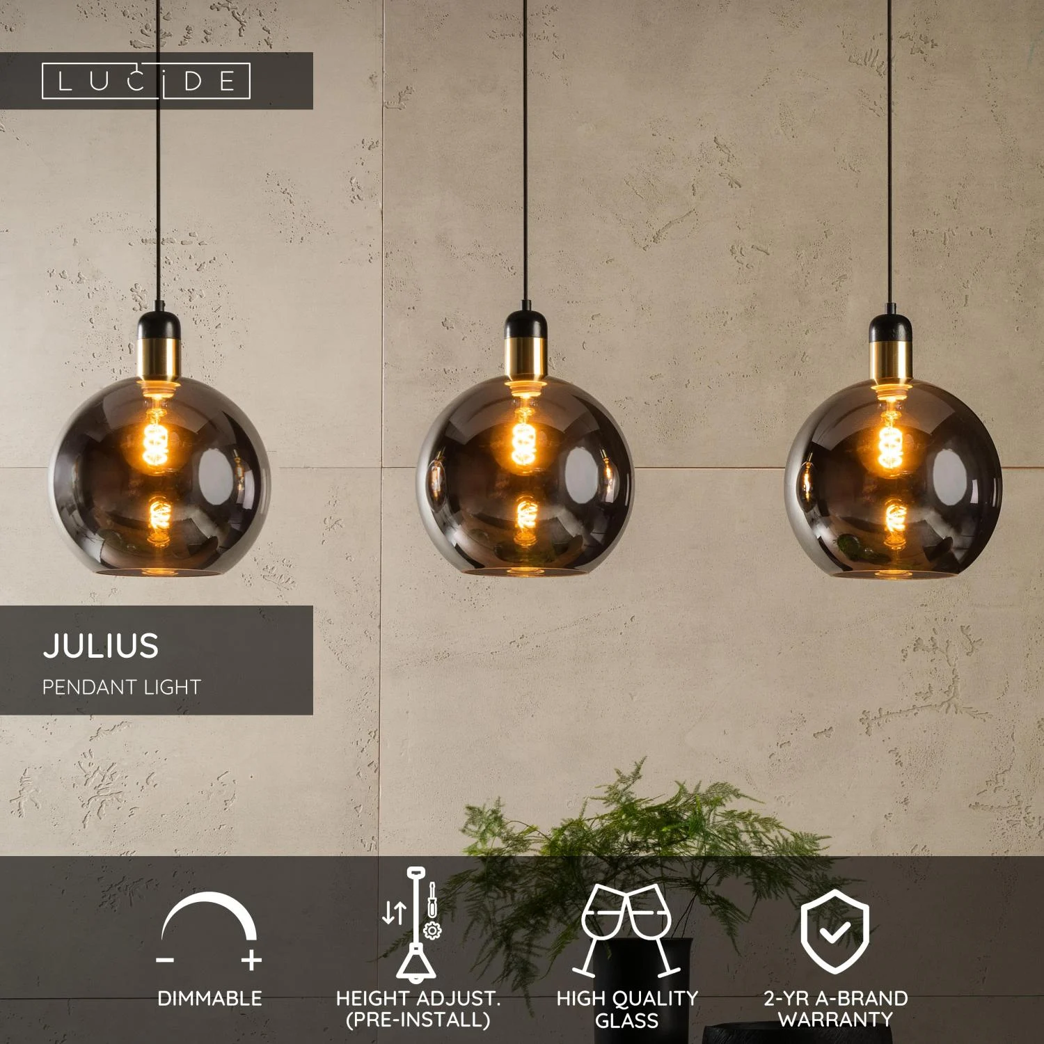 Lucide JULIUS - Zu00e1vesnu00e9 svetlo - 3xE27 - Smoke Grey