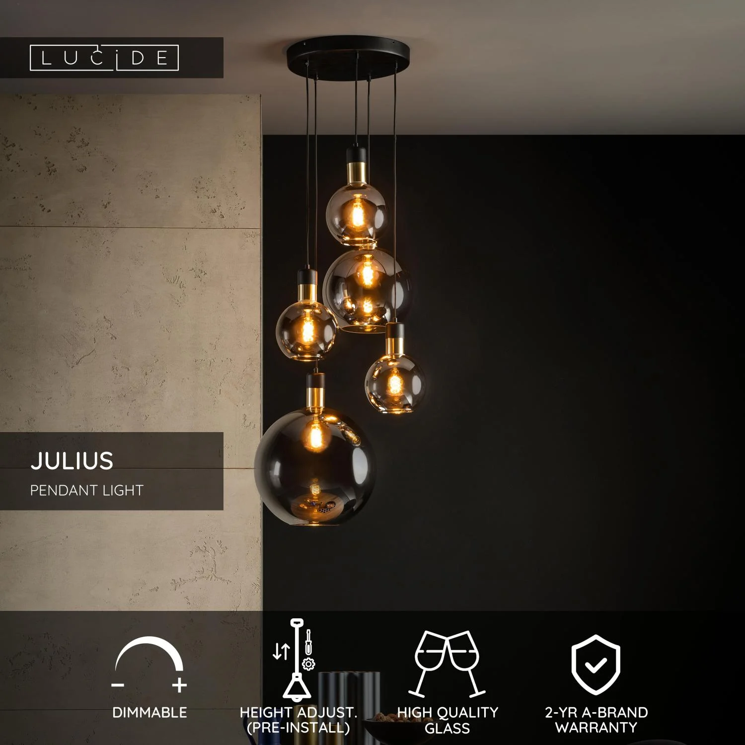 Lucide JULIUS - Zu00e1vesnu00e9 svetlo - 5xE27 - Smoke Grey