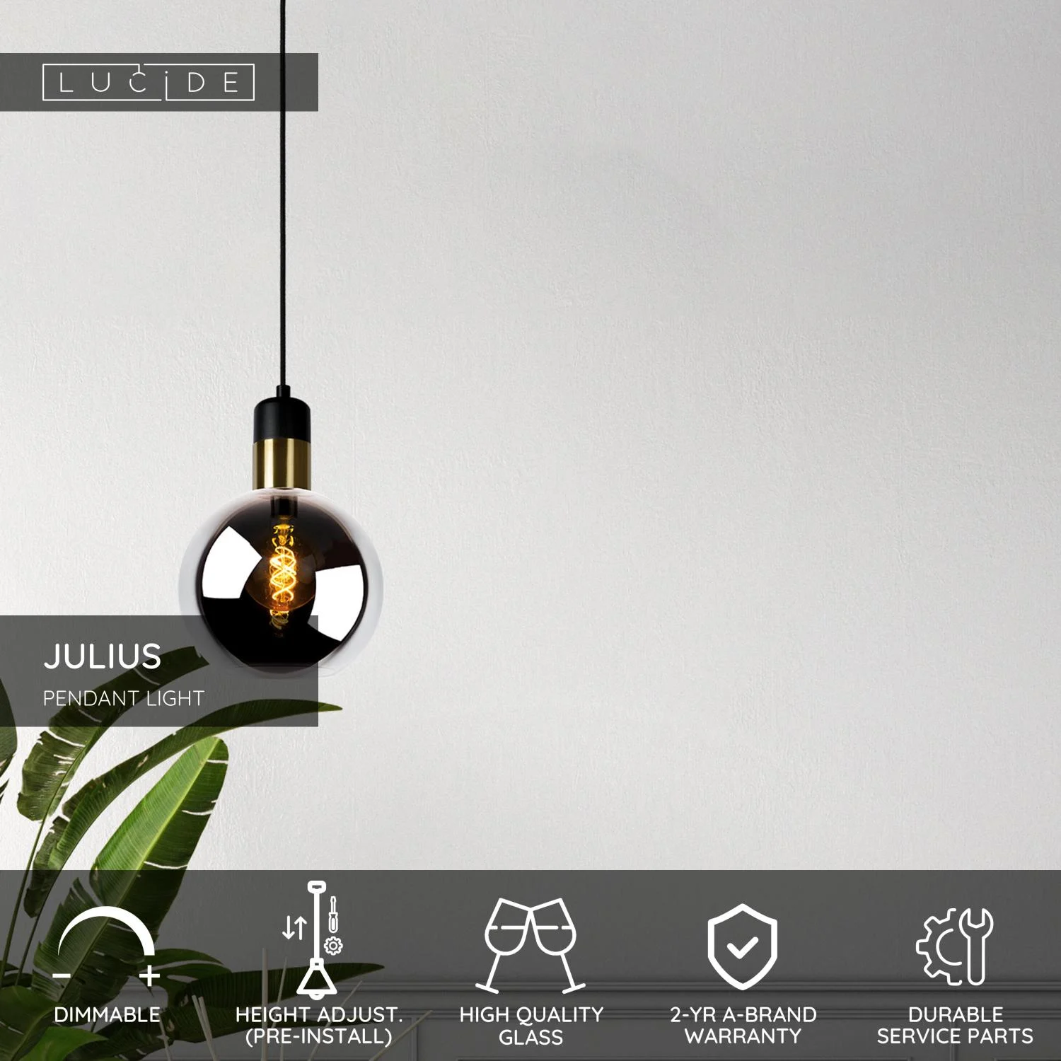 Lucide JULIUS - Zu00e1vesnu00e9 svetlo - u00d8 20 cm - 1xE27 - Smoke Grey