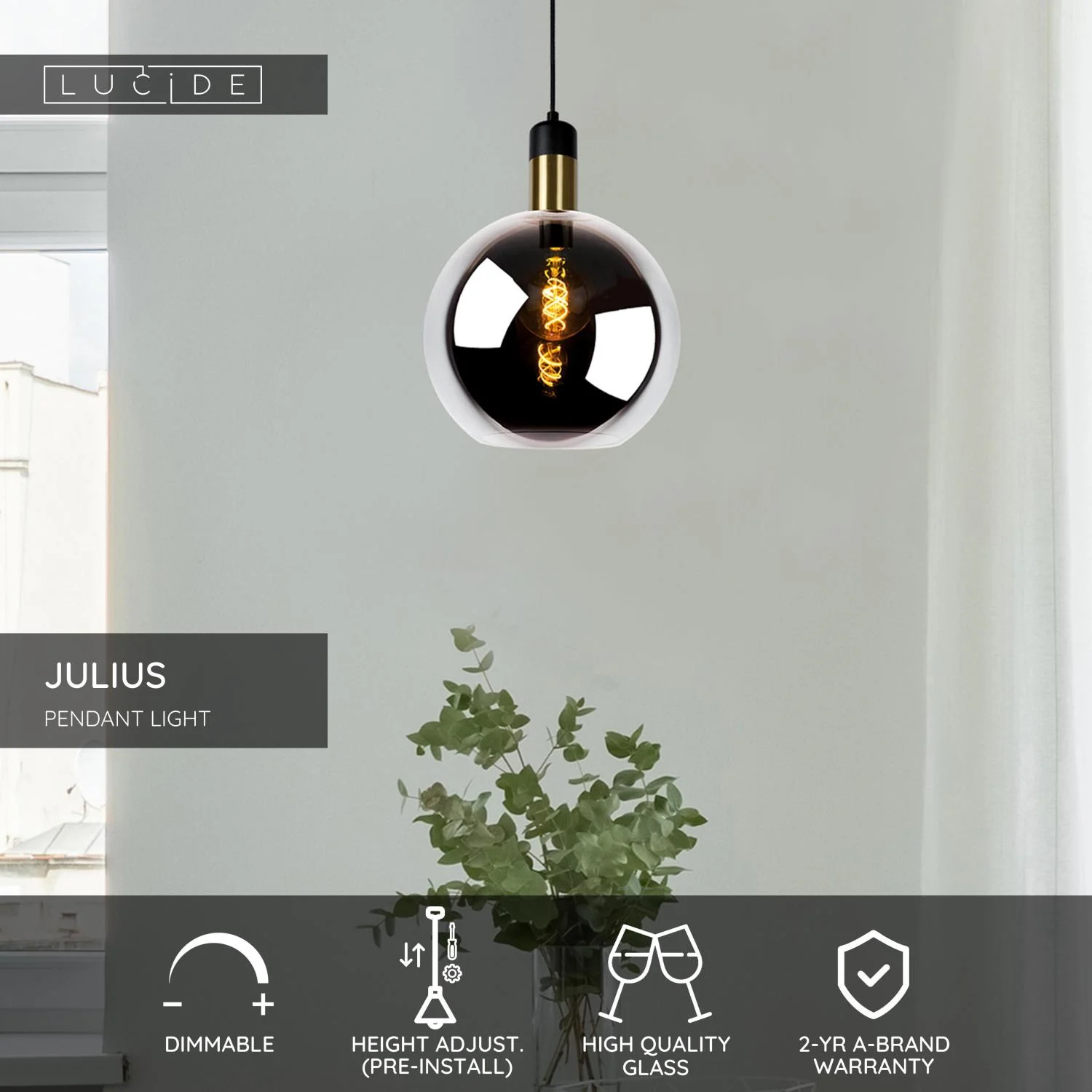 Lucide JULIUS - Zu00e1vesnu00e9 svetlo - u00d8 28 cm - 1xE27 - Dymovu00e1 sivu00e1