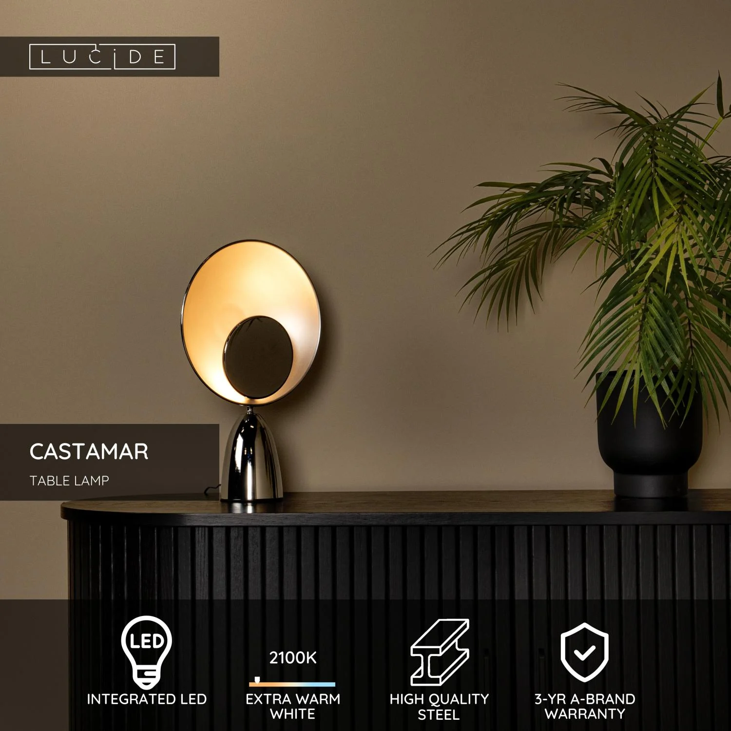 Lucide CASTAMAR - Stolnu00e1 lampa - u00d8 25,5 cm - LED - 1x8W 2100K - Chru00f3m