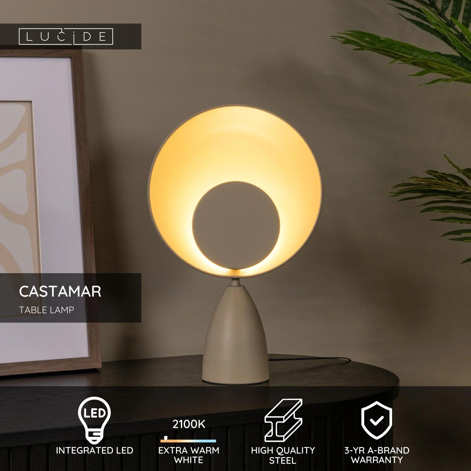 Lucide CASTAMAR - Stolnu00e1 lampa - u00d8 25,5 cm - LED - 1x8W 2100K - Taupe