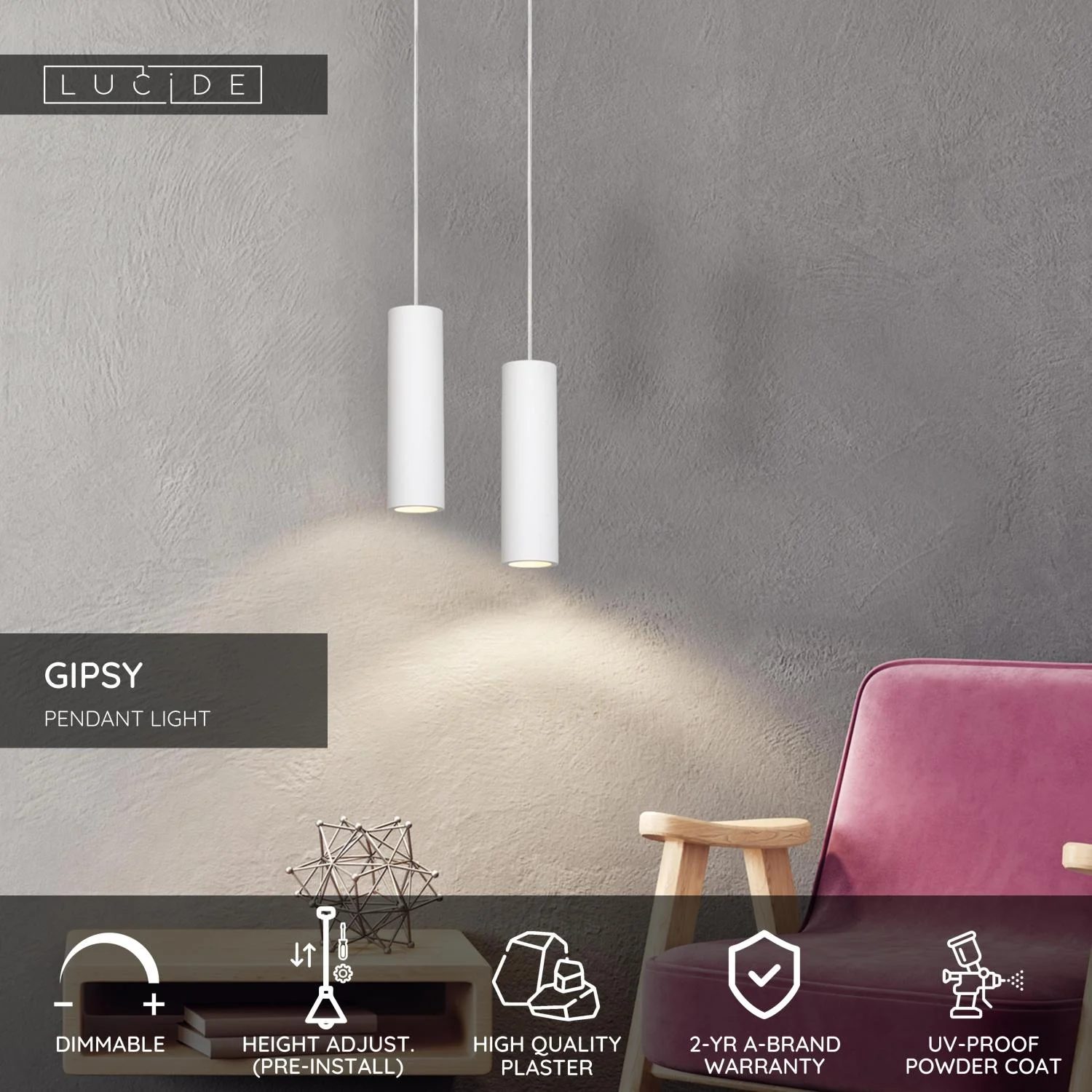 Lucide GIPSY - zu00e1vesnu00e9 svetlo - u00d8 7 cm - 1xGU10 - biela