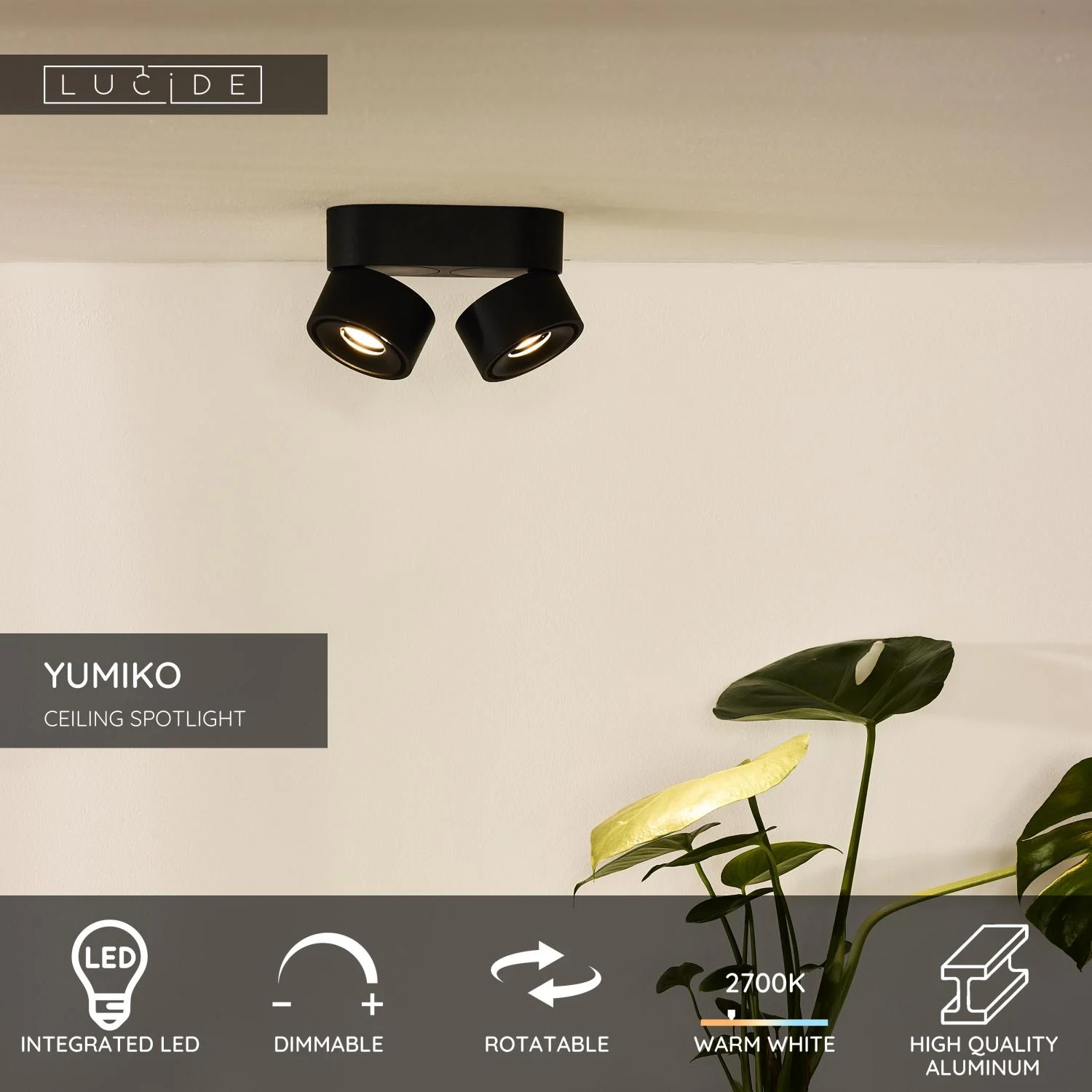 Lucide YUMIKO - Stropnu00e9 reflektory - LED tlmenu00e9. - 2x10W 2700K - u010dierne