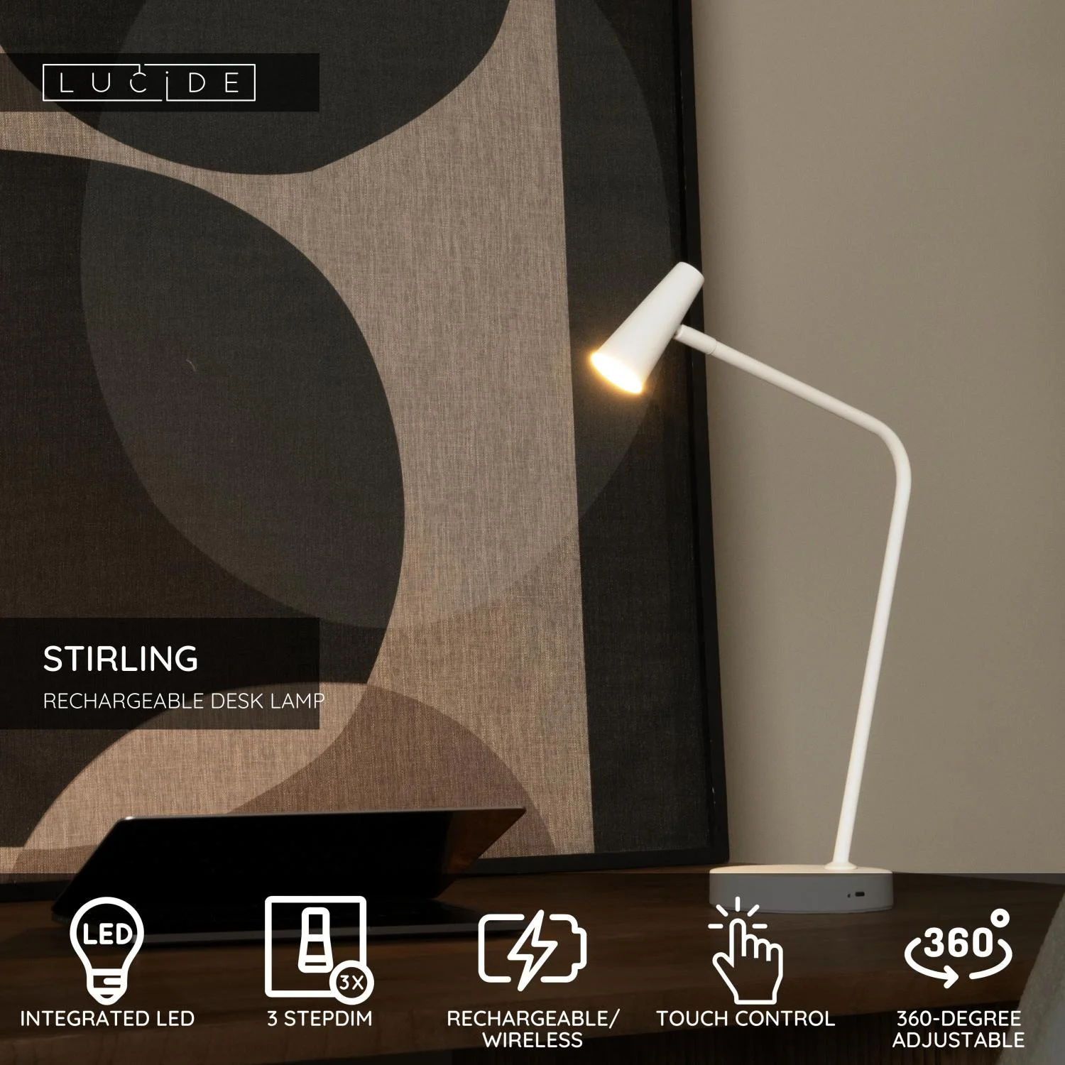 Lucide STIRLING - Nabu00edjateu013enu00e1 stolnu00e1 lampa - Batu00e9riovu00fd balu00edk - LED 3 StepDim - 1x3W 2700K - biela