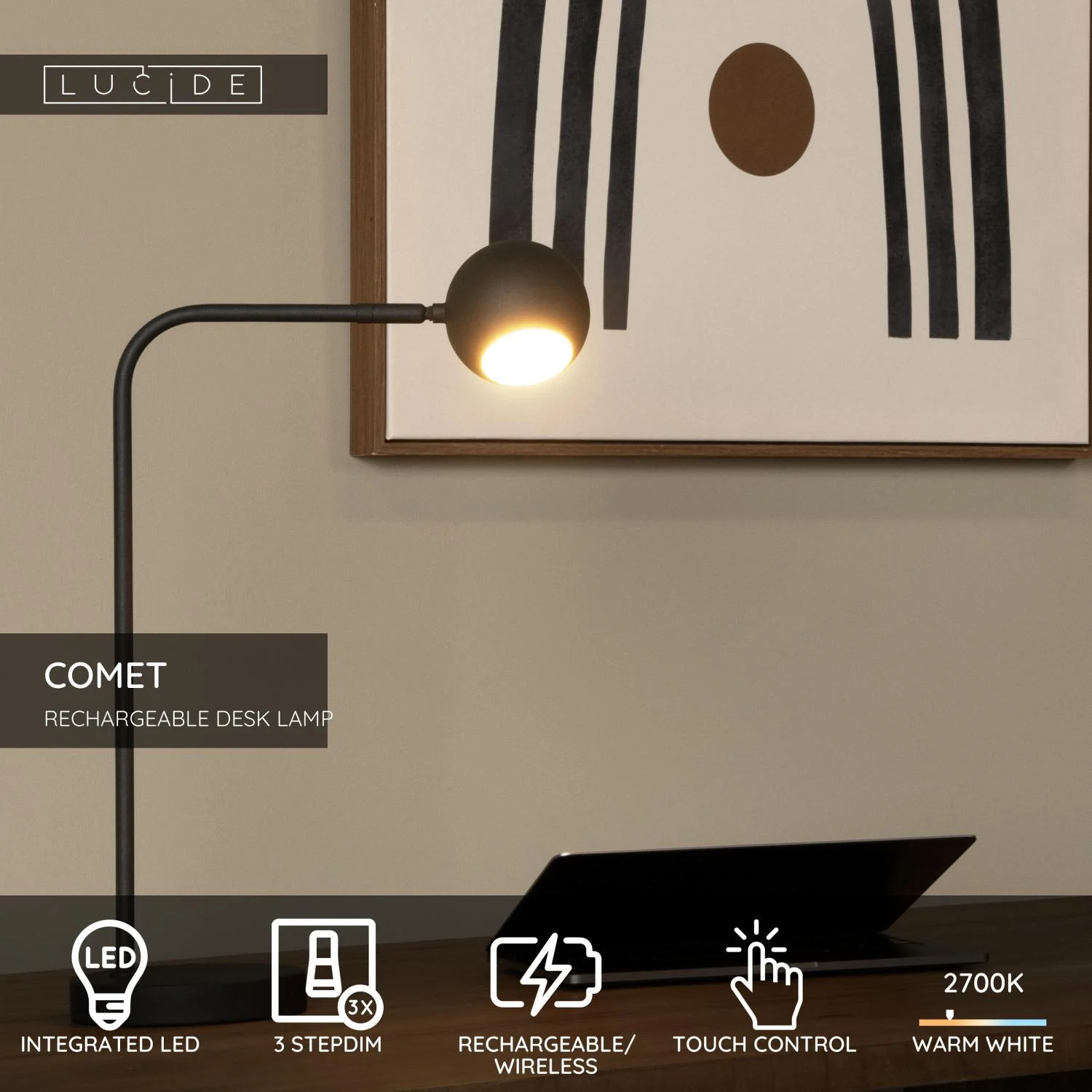 Lucide COMET - Nabu00edjateu013enu00e1 stolnu00e1 lampa - Batu00e9riovu00fd balu00edk - LED 3 StepDim - 1x3W 2700K - u010dierna