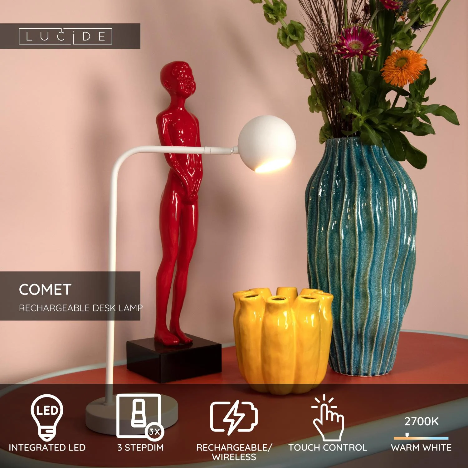 Lucide COMET - Nabu00edjateu013enu00e1 stolnu00e1 lampa - Batu00e9riovu00fd balu00edk - LED 3 StepDim - 1x3W 2700K - biela