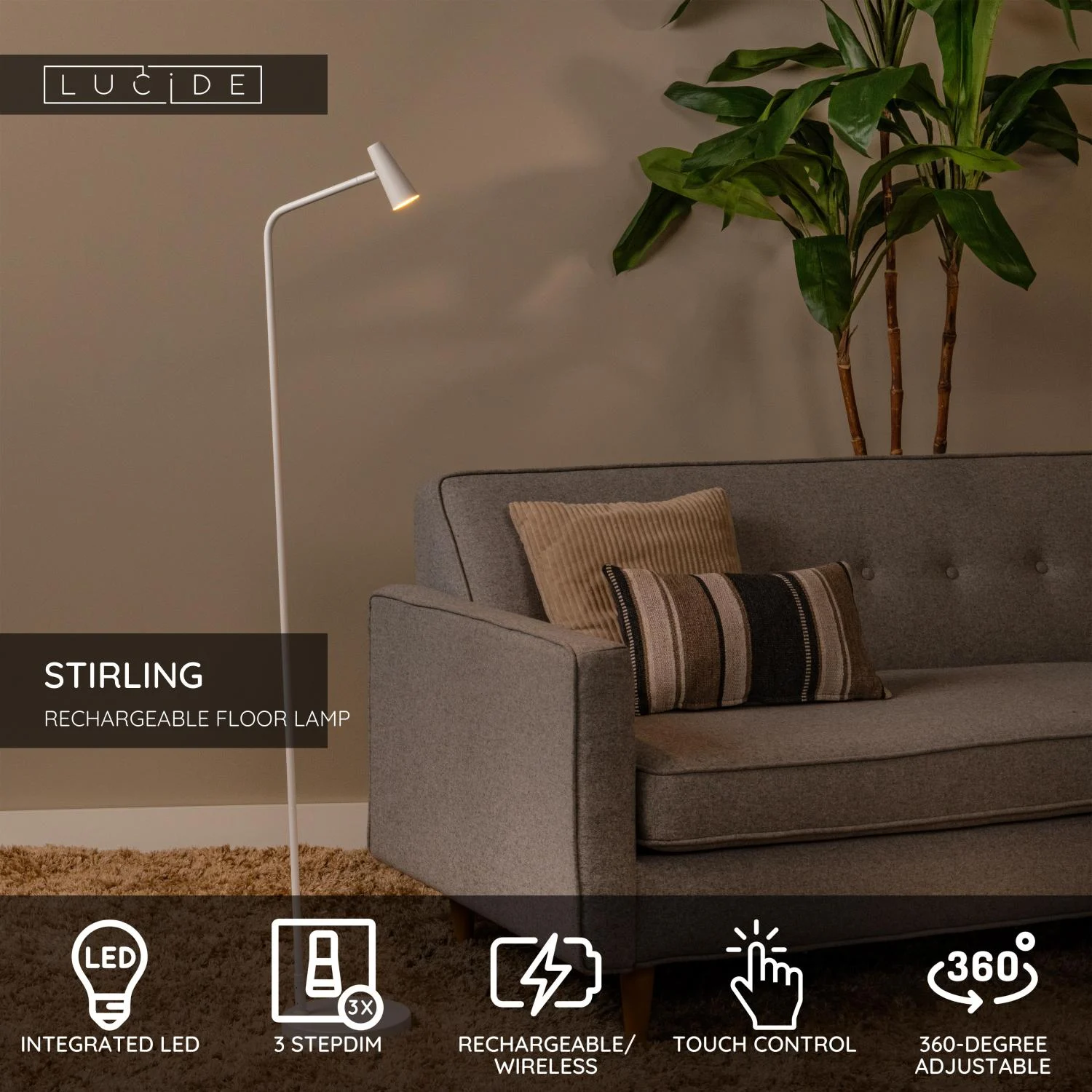 Lucide STIRLING - Nabu00edjateu013enu00e1 stojacia lampa - Batu00e9riovu00fd balu00edk - LED 3 StepDim - 1x3W 2700K - biela