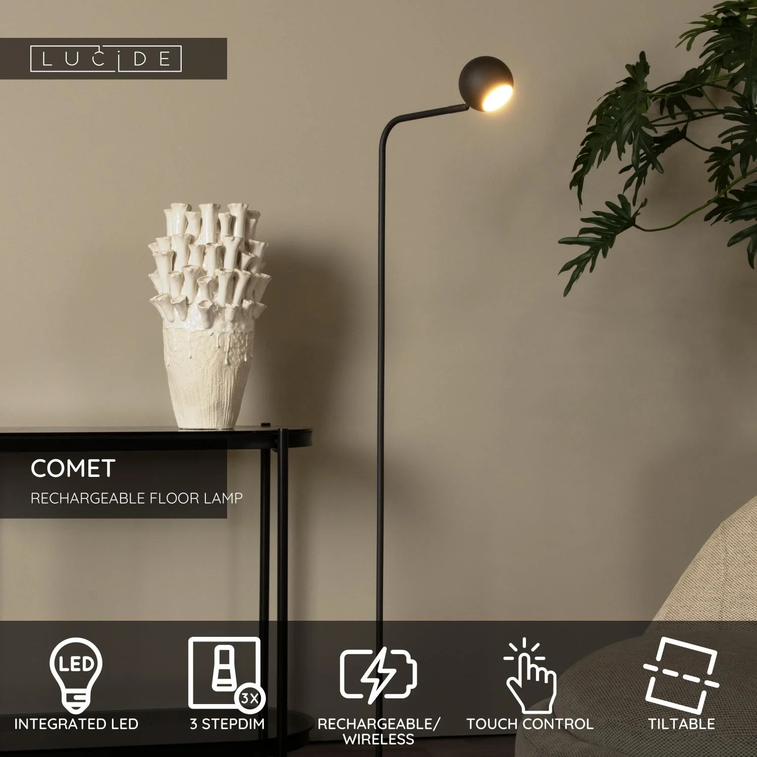 Lucide COMET - Nabu00edjateu013enu00e1 stojaca lampa - Batu00e9riovu00fd balu00edk - LED 3 StepDim - 1x3W 2700K - u010dierna