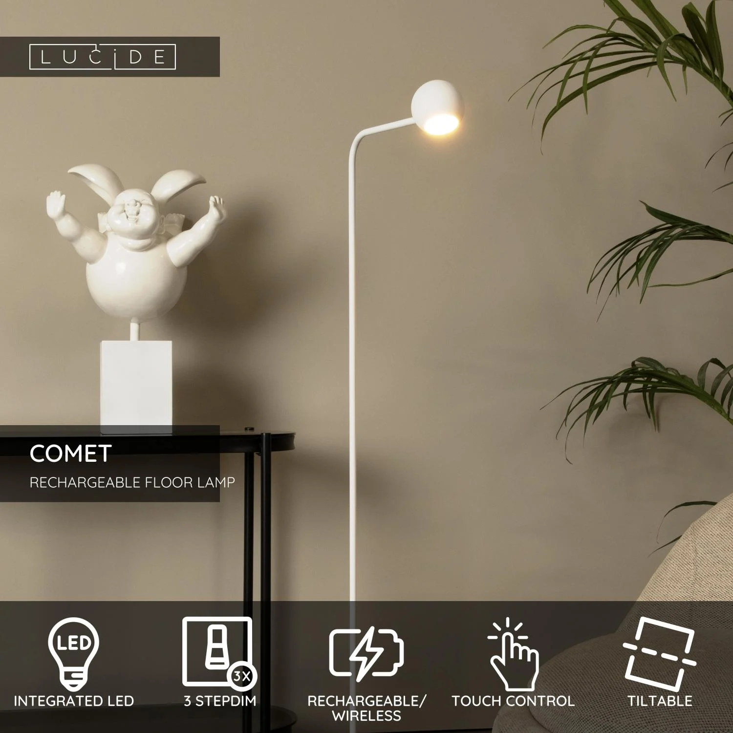 Lucide COMET - Nabu00edjateu013enu00e1 stojaca lampa - Batu00e9riovu00fd balu00edk - LED 3 StepDim - 1x3W 2700K - biela