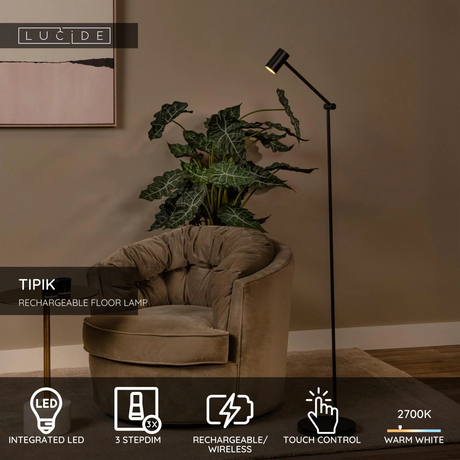 Lucide TIPIK - Nabu00edjateu013enu00e1 stojaca lampa - Batu00e9riovu00fd balu00edk - LED 3 StepDim - 1x3W 2700K - u010dierna