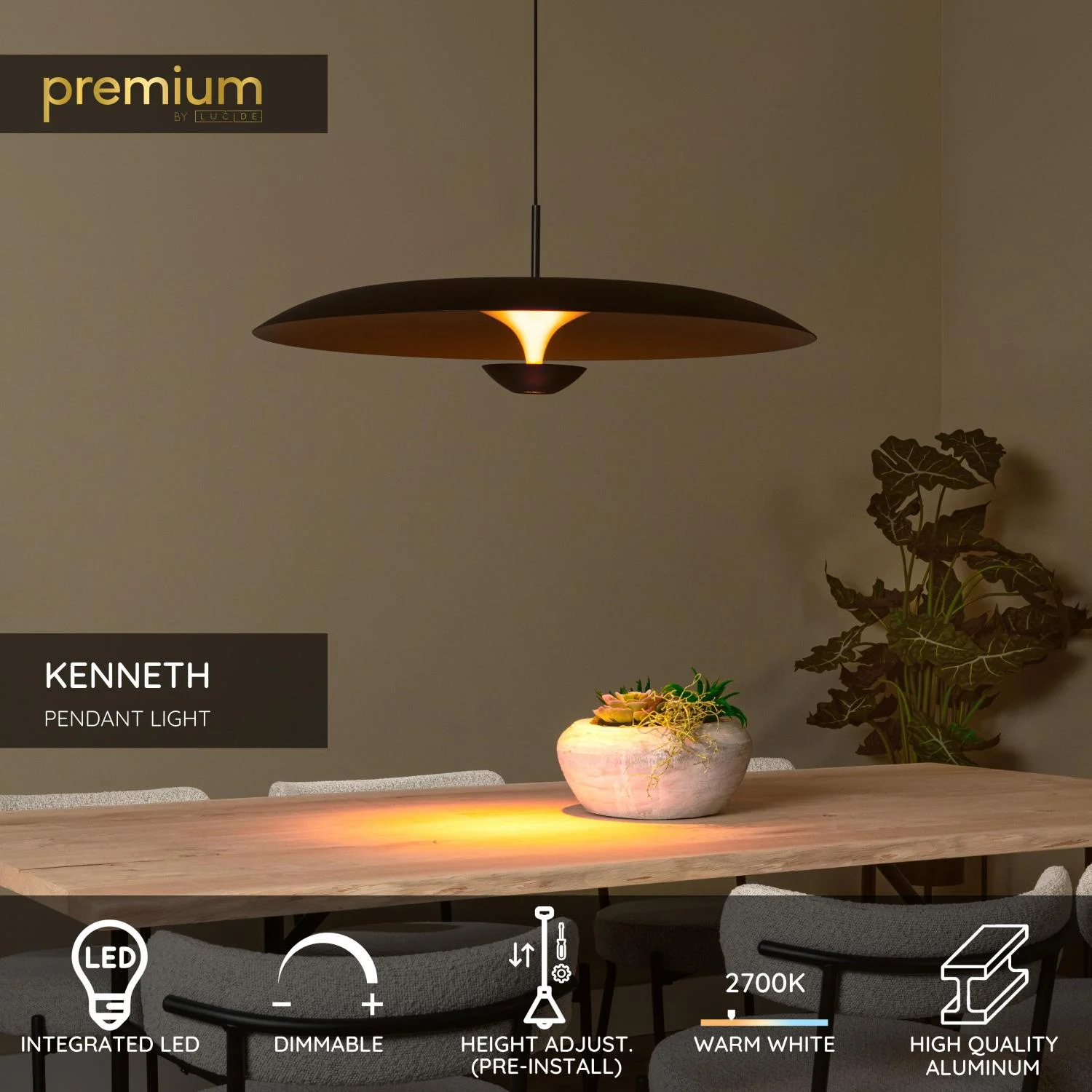 Lucide KENNETH - Zu00e1vesnu00e9 svetlo - u00d8 80 cm - LED tlmenu00e9. - 1x22W 2700K - u010dierne | Pru00e9miovu00e9